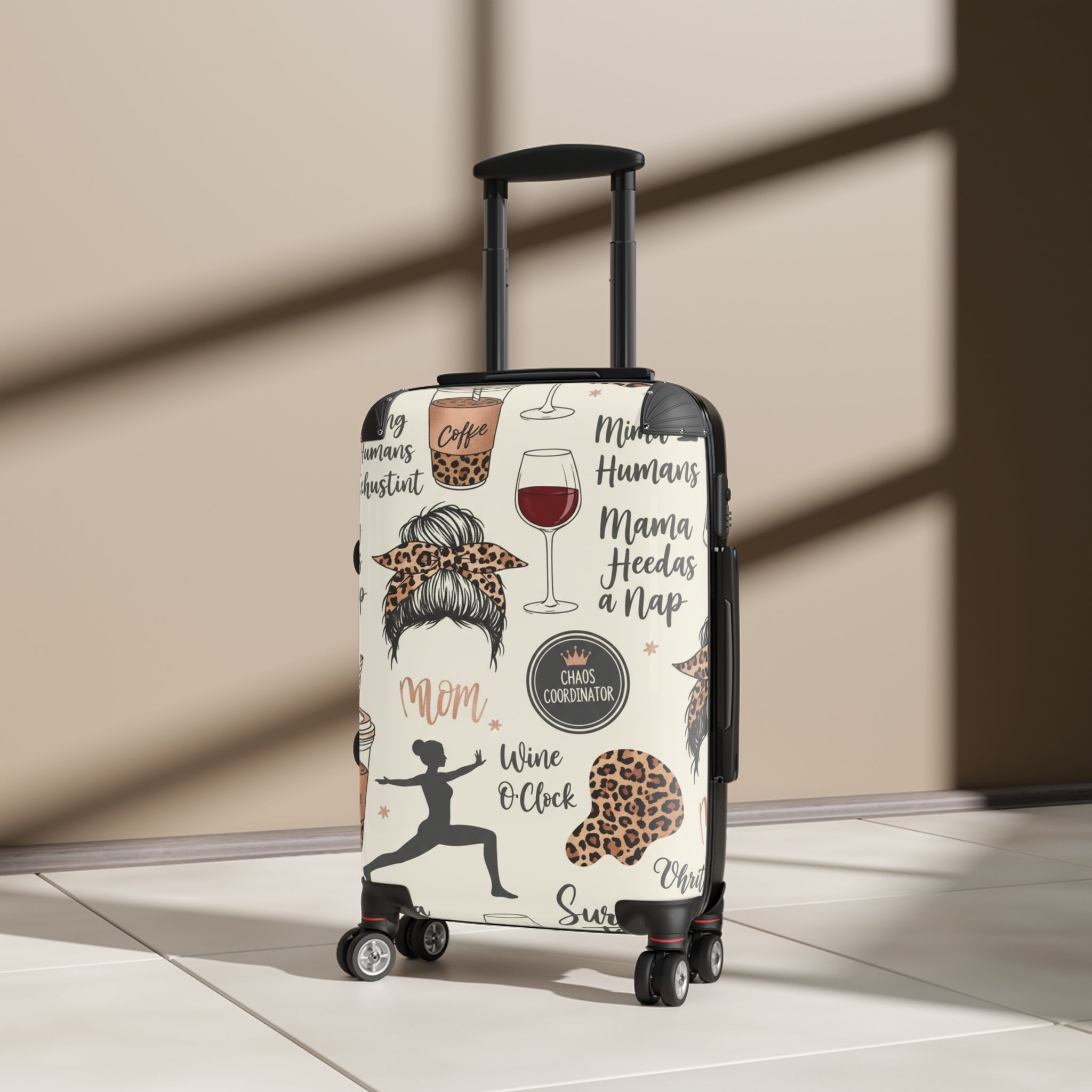 Mama Travel Suitcase - Funny Mom Pattern with Wine, Coffee & Leopard Print
