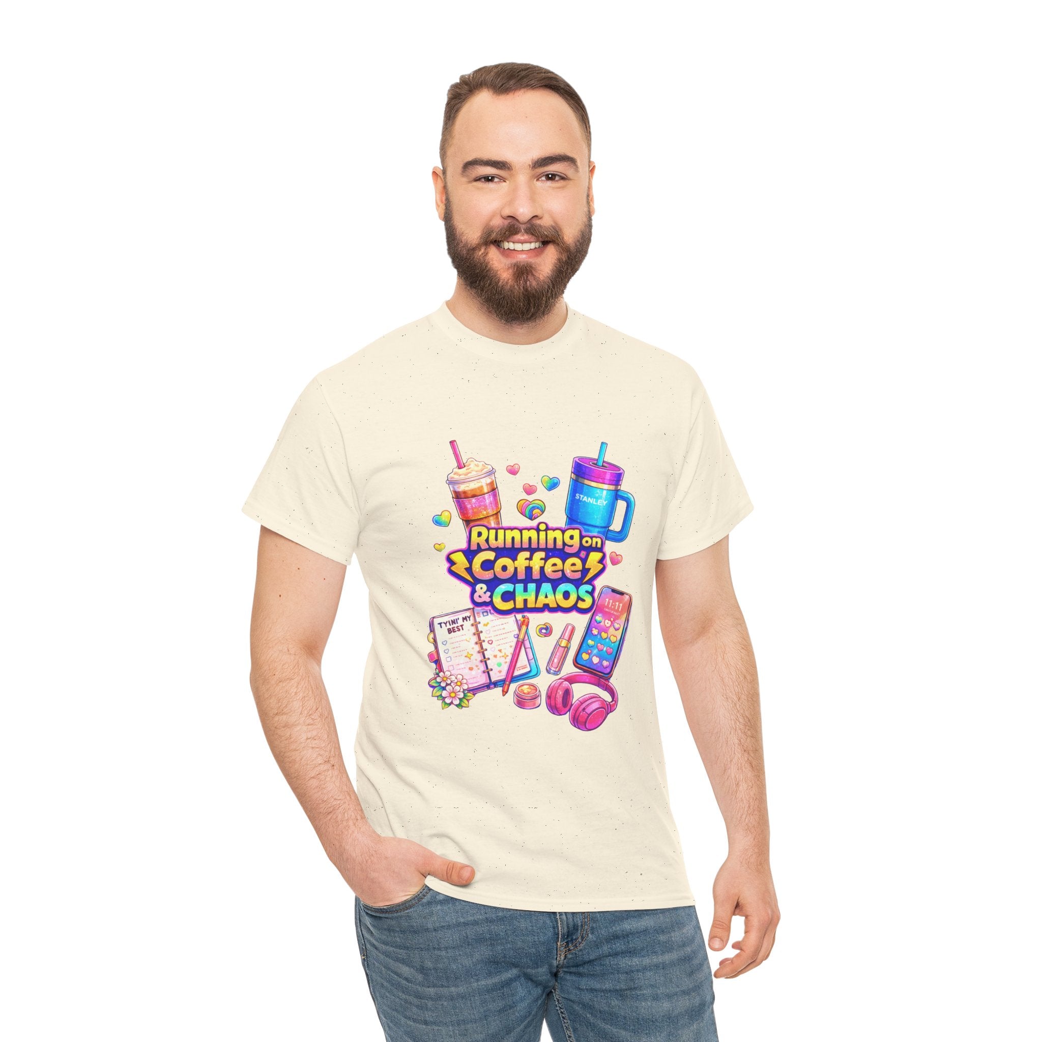 Graphic Tee — "Running on Coffee & Chaos" Colorful Planner Lover Shirt