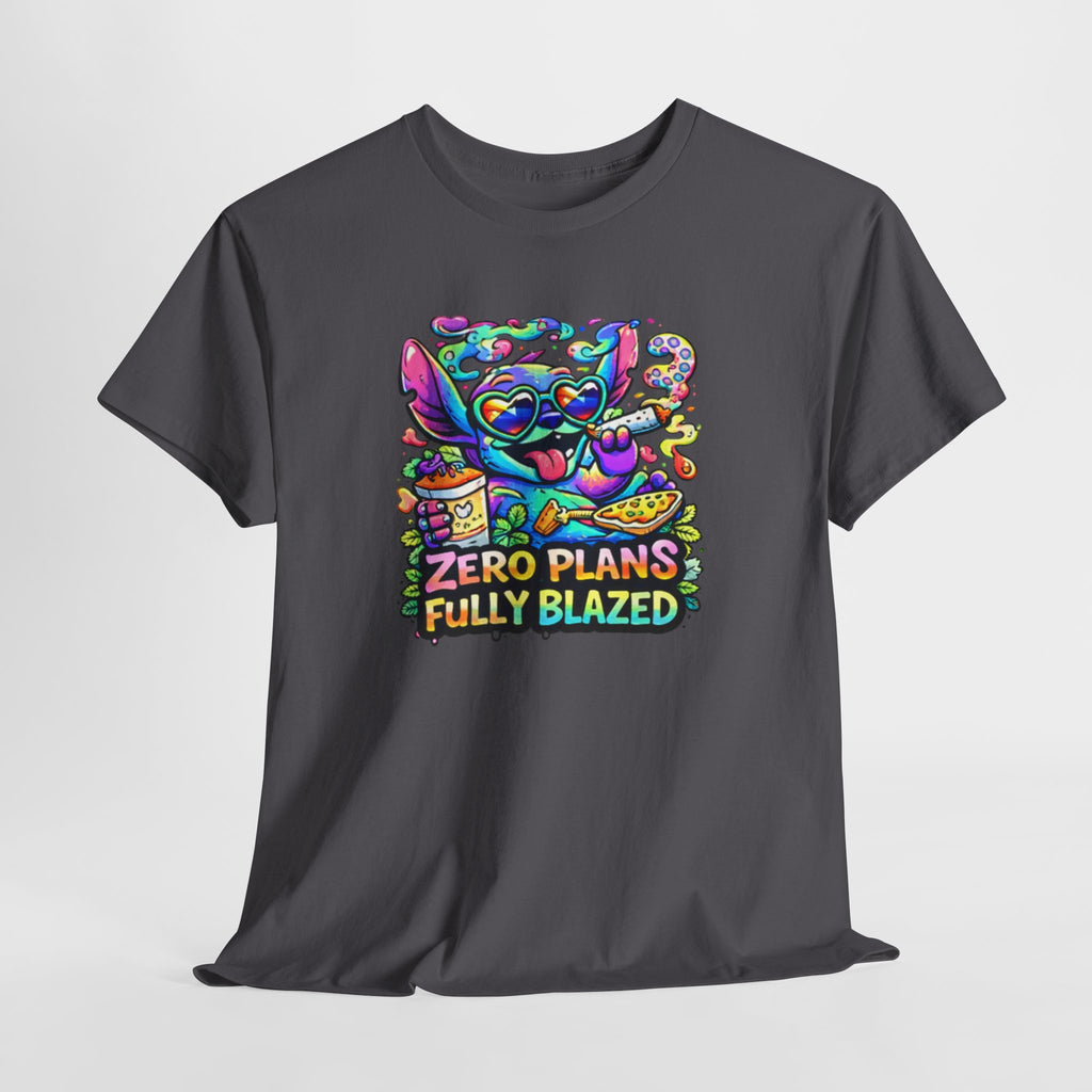 Zero Plans Fully Blazed Tee — Colorful Stoner Cat Graphic T-Shirt