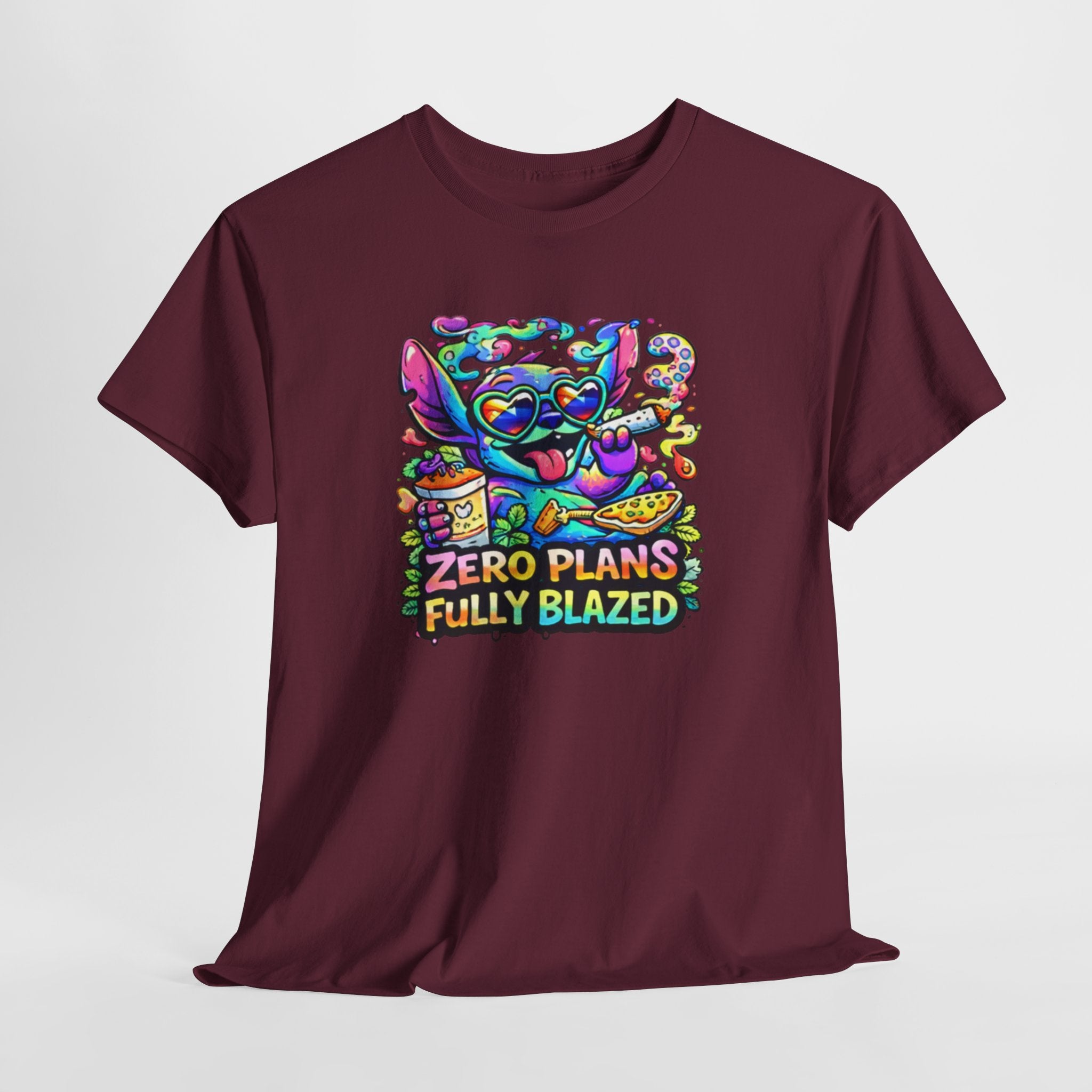 Zero Plans Fully Blazed Tee — Colorful Stoner Cat Graphic T-Shirt