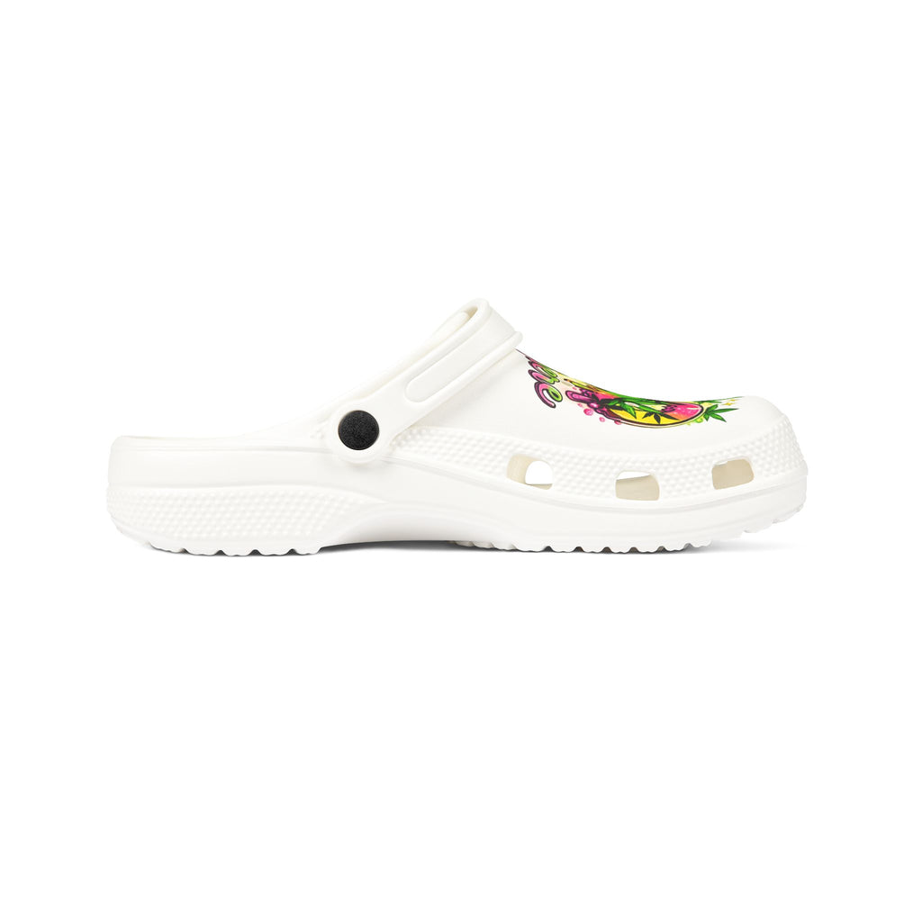 White EVA Foam Clogs — 'It’s 4:20 Somewhere' Tropical Cannabis Graphic