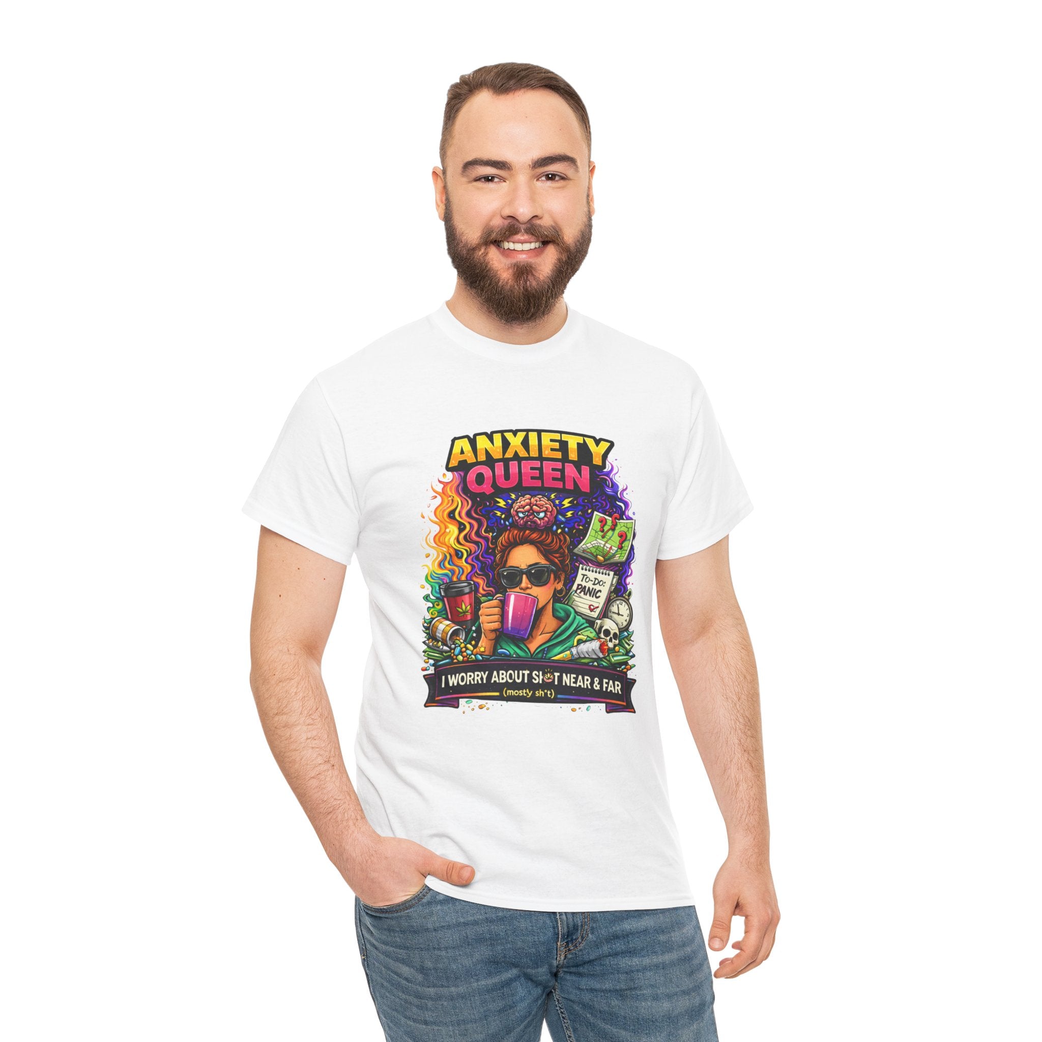 Anxiety Queen T-Shirt – Funny Mental Health Graphic Tee (“I Worry About Sh*t Near & Far”)