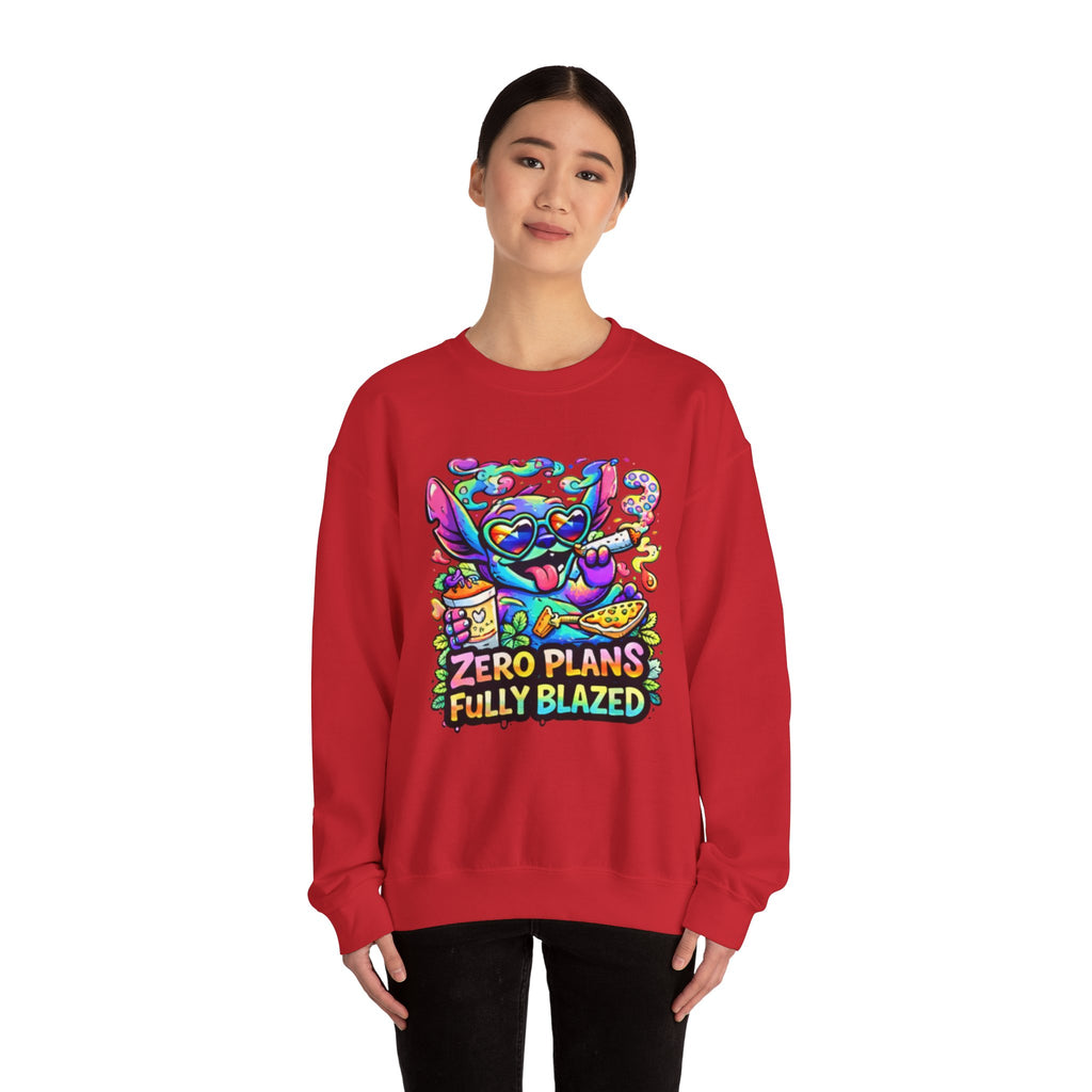 Crewneck Sweatshirt — "Zero Plans Fully Blazed" Colorful Stoner Cartoon Graphic
