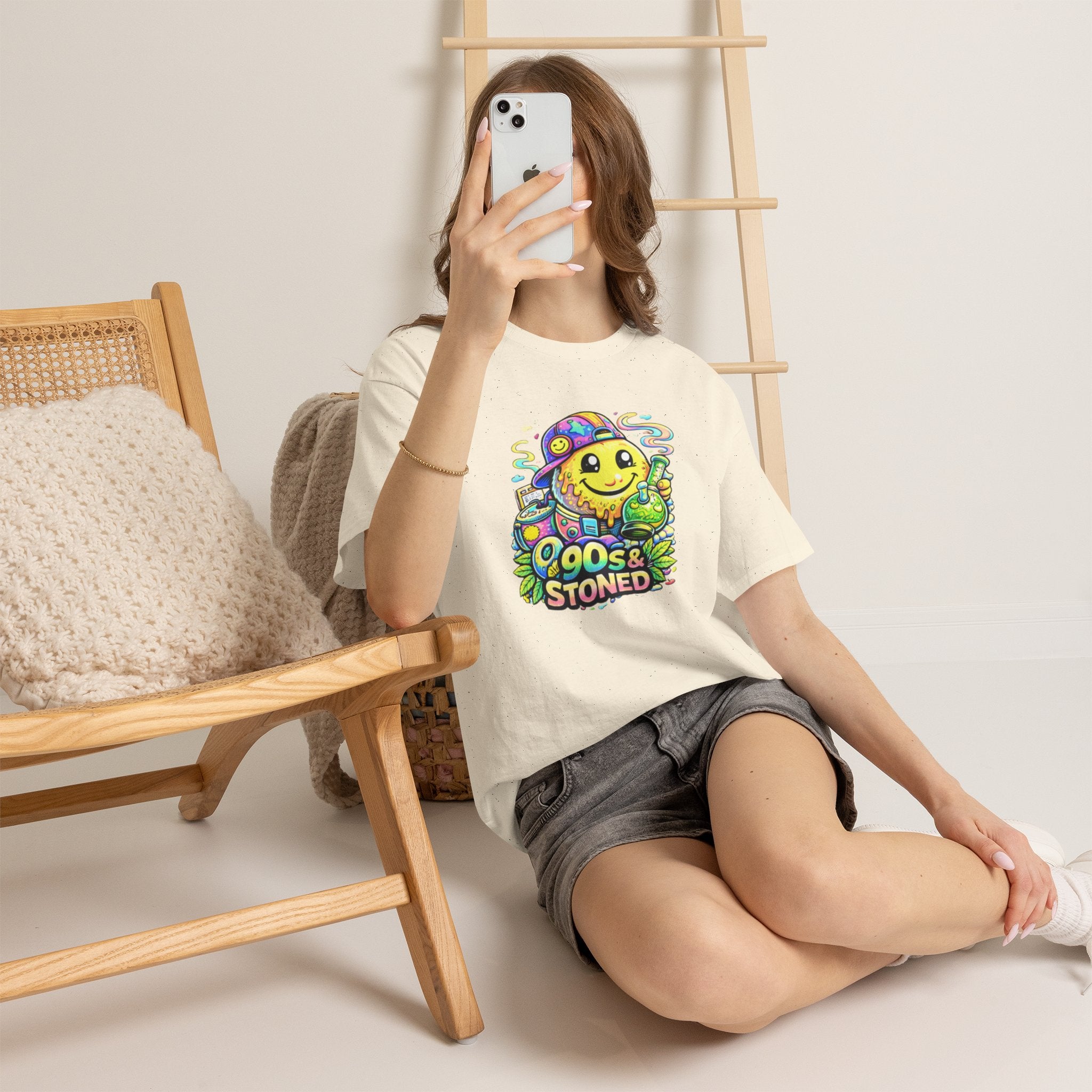 90s & Stoned Smiley Tee — Retro Vaporwave Cannabis Graphic T-Shirt