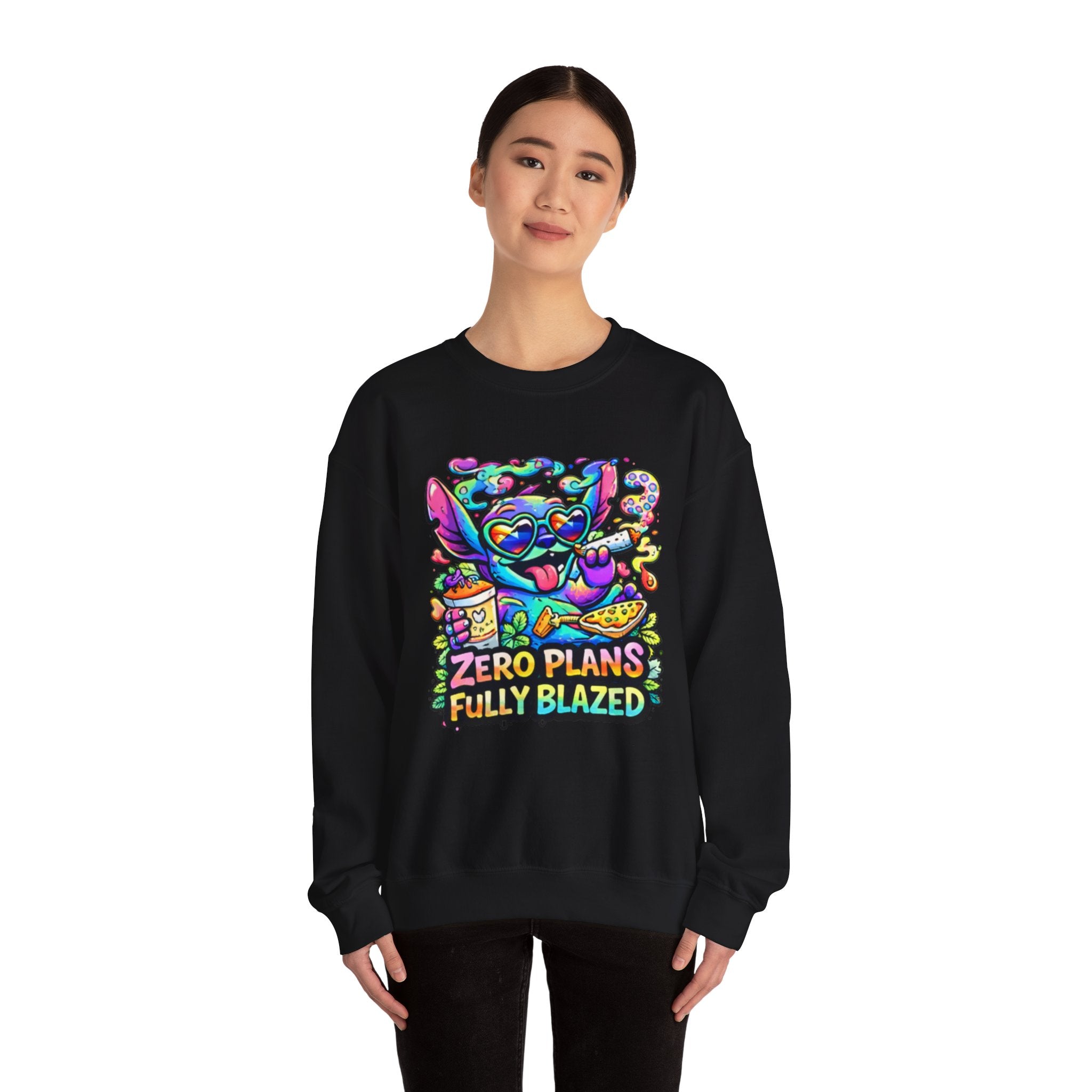 Crewneck Sweatshirt — "Zero Plans Fully Blazed" Colorful Stoner Cartoon Graphic