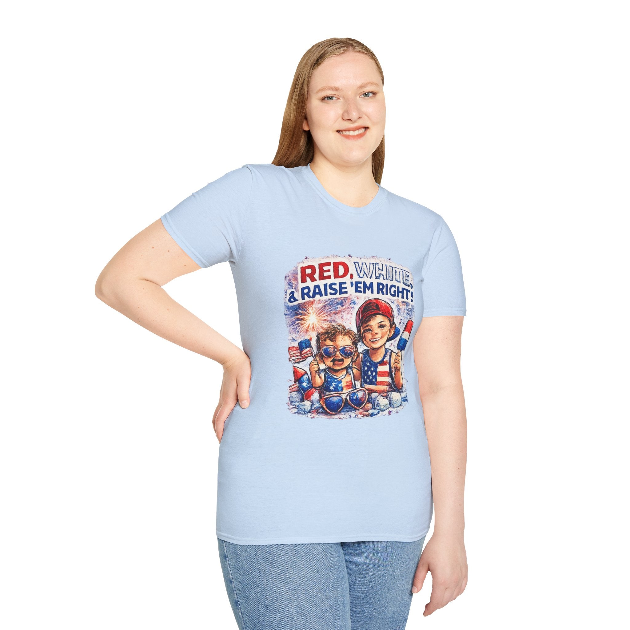 Patriotic Kids Tee — "Red, White & Raise 'Em Right" 4th of July Shirt