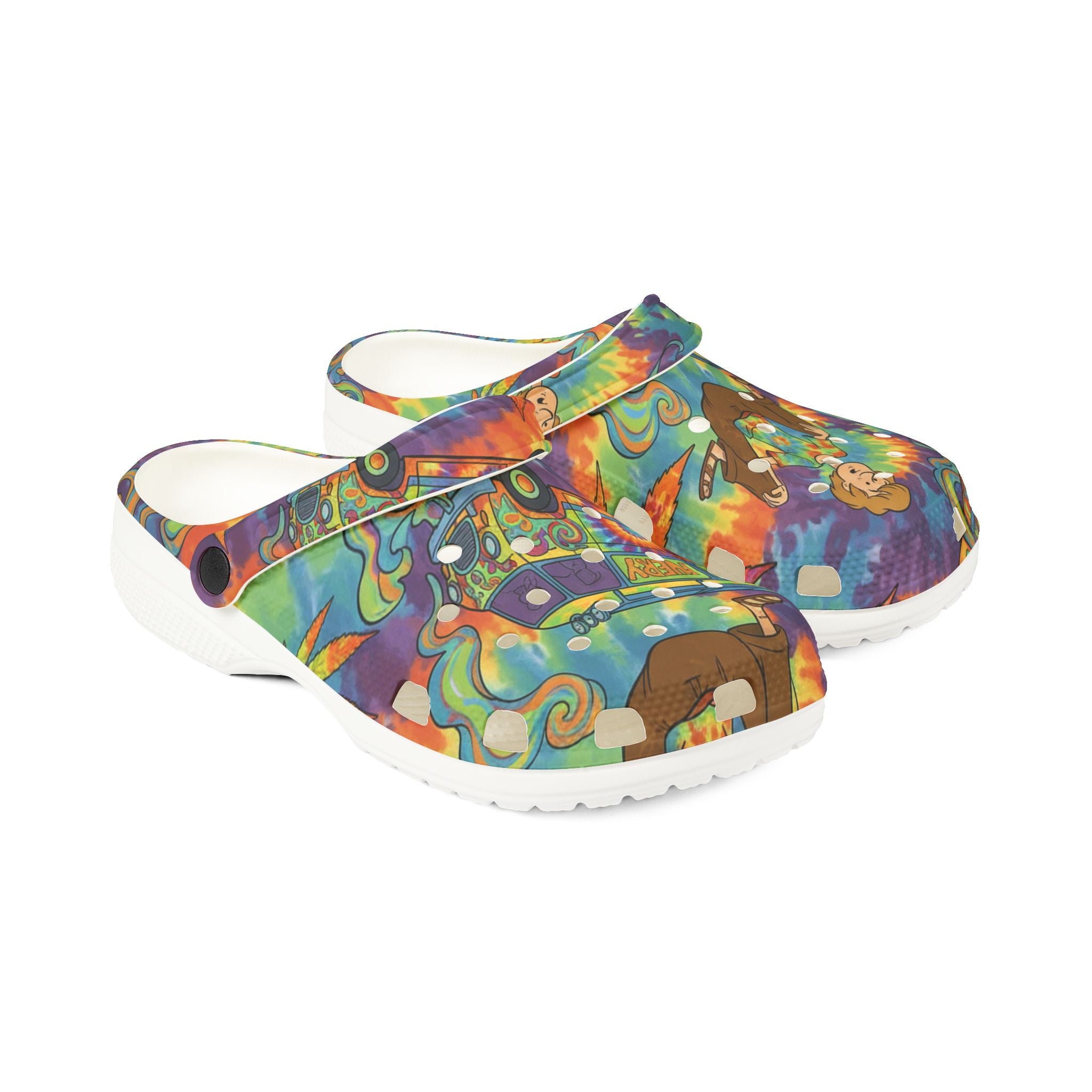 Psychedelic Hippie Clog Shoes — Colorful VW Bus & Peace Sign EVA Foam Clogs