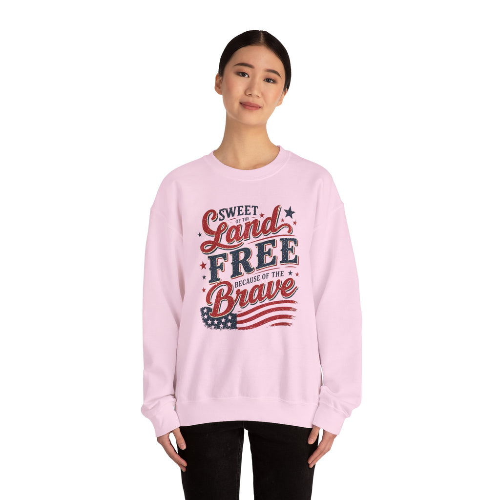 Crewneck Sweatshirt — "Sweet Land Free Because of the Brave" Patriotic Flag Design