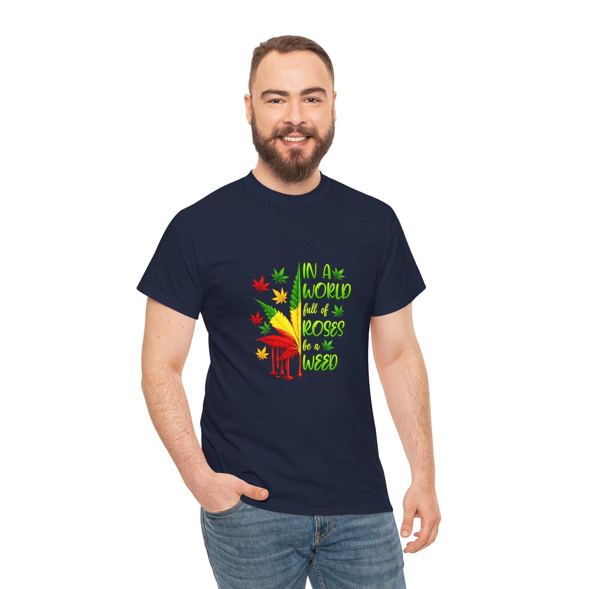 T-Shirt — "In A World Where Mosses Rule" Colorful Mushroom & Leaf Graphic