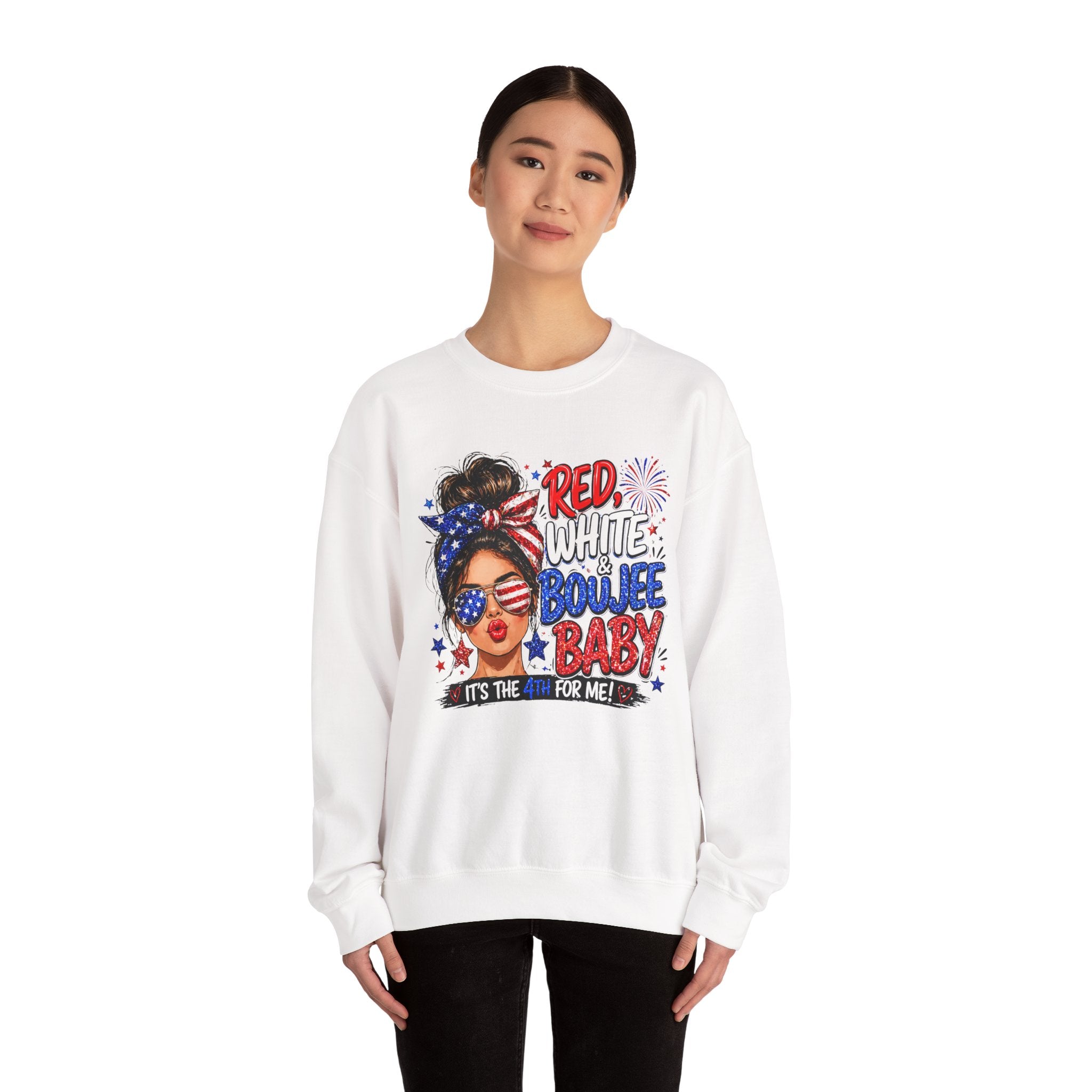 Crewneck Sweatshirt — "Red White Boujee Baby" Patriotic Women's 4th of July Graphic