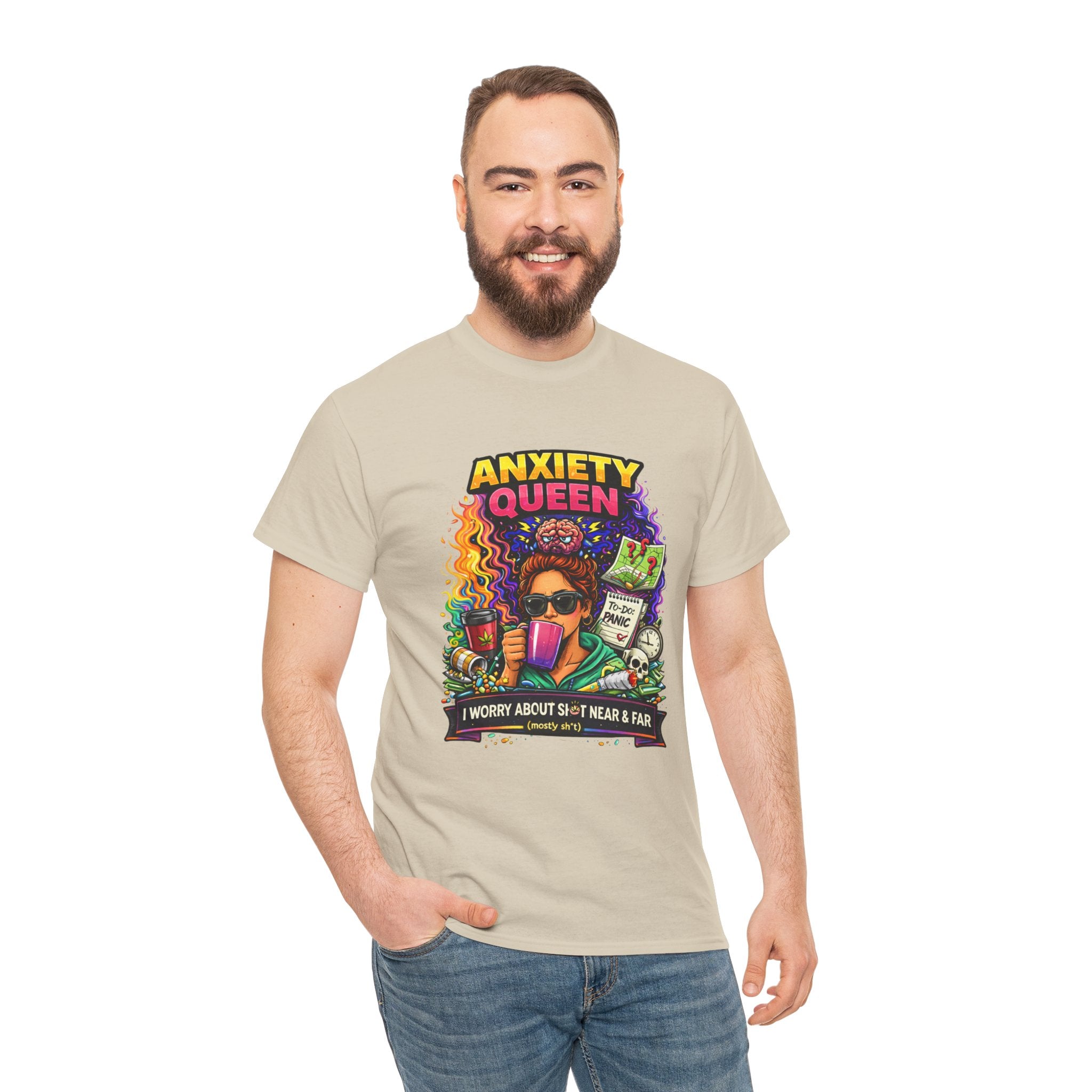 Anxiety Queen T-Shirt – Funny Mental Health Graphic Tee (“I Worry About Sh*t Near & Far”)