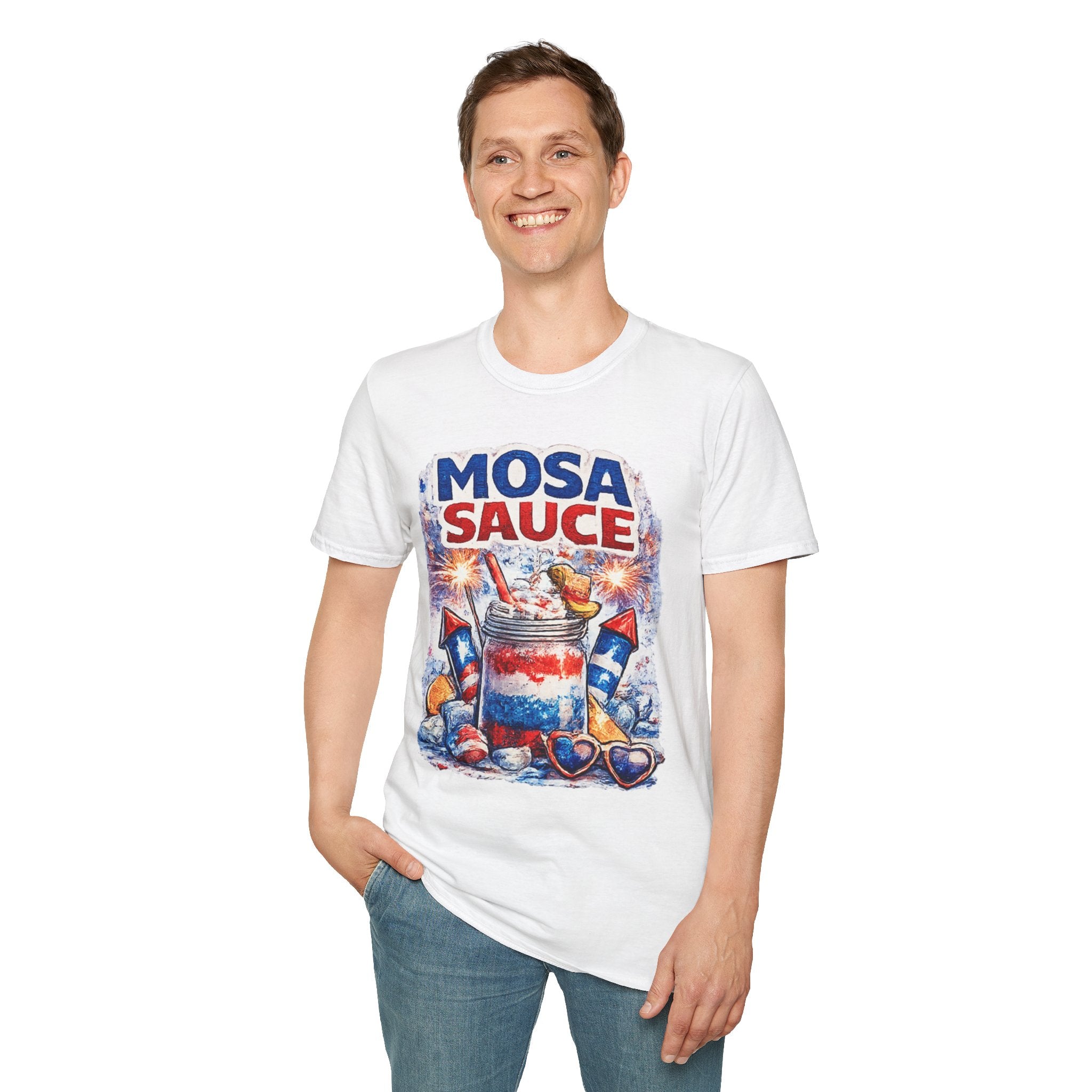 Mosa Sauce Patriotic Graphic Tee — Red White & Blue Summer BBQ Shirt