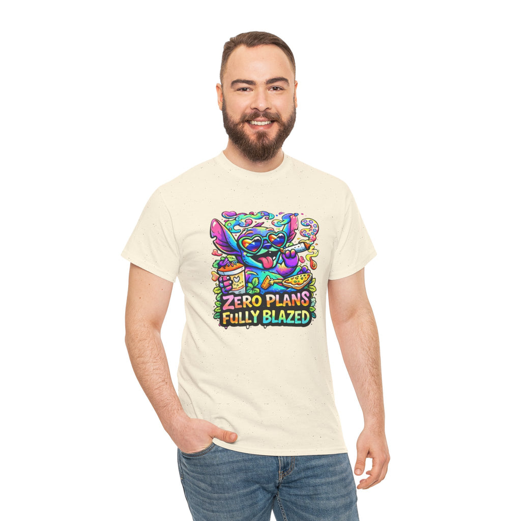 Zero Plans Fully Blazed Tee — Colorful Stoner Cat Graphic T-Shirt