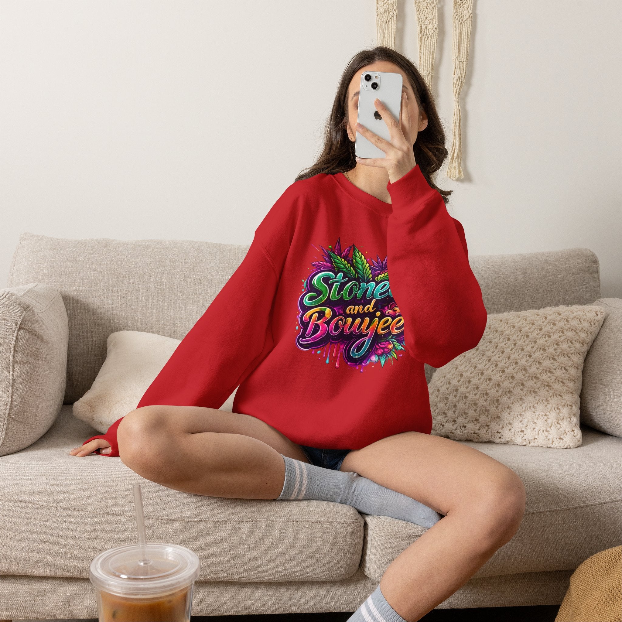 Crewneck Sweatshirt — "Stoned and Boujee" Colorful Cannabis Graphic