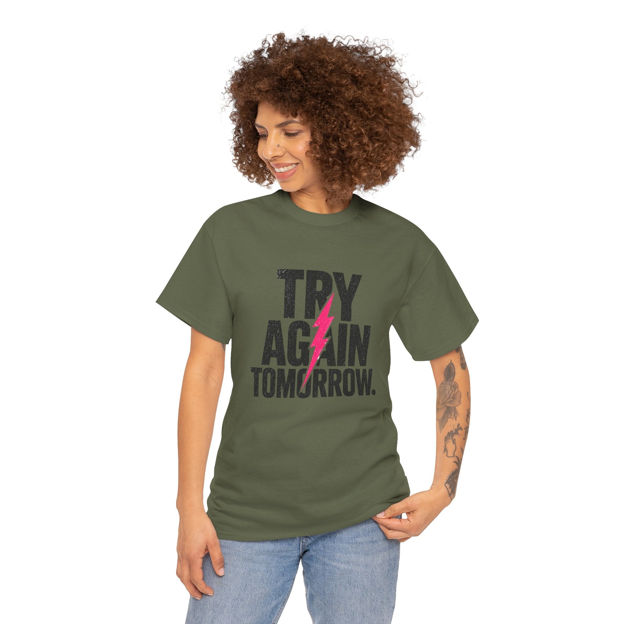 Try Again Tomorrow T-Shirt — Motivational Graphic Tee with Lightning Bolt