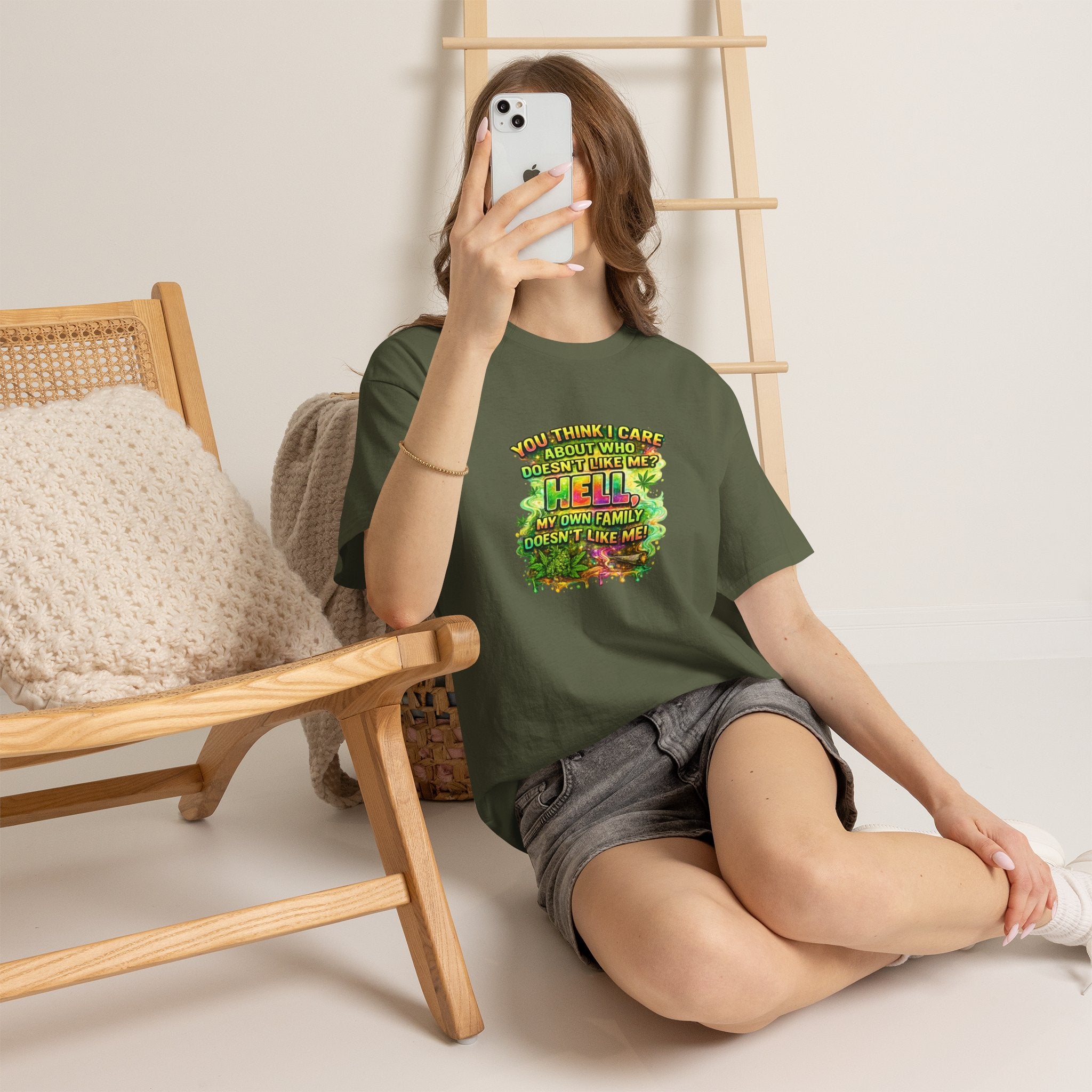 Funny Sarcastic Tee — "You Think I Care About Who Doesn’t Like Me? Hell, My Own Family Doesn’t Like Me" Graphic T-Shirt