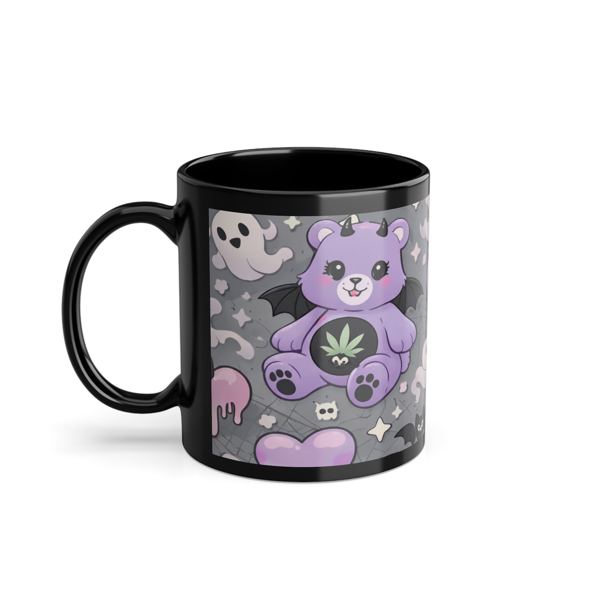 Ghostly Kawaii Pattern Coffee Mug — Cute Pastel Halloween 11oz Black Cup