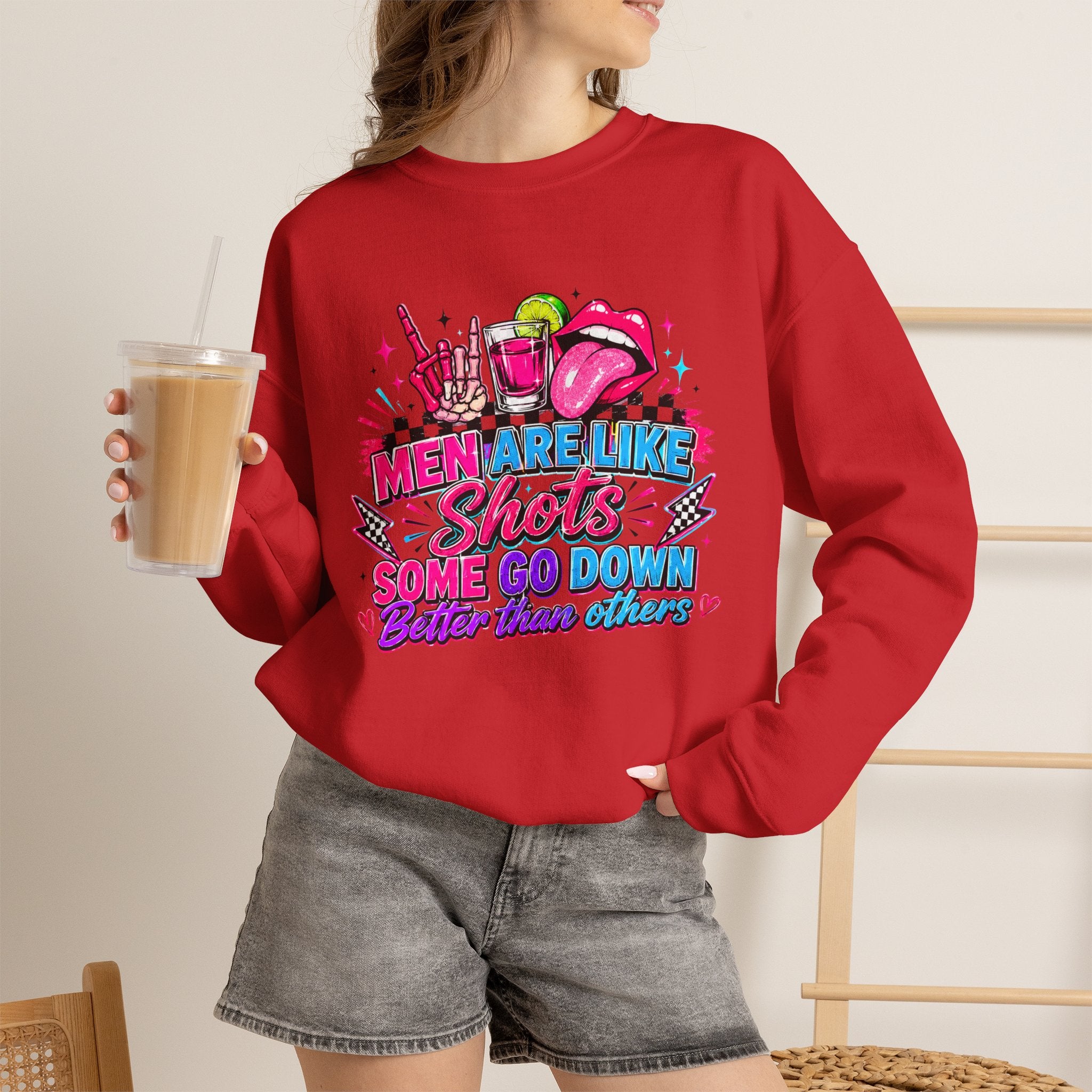 Crewneck Sweatshirt — "Men Are Like Shots" Retro Neon Cocktail Graphic