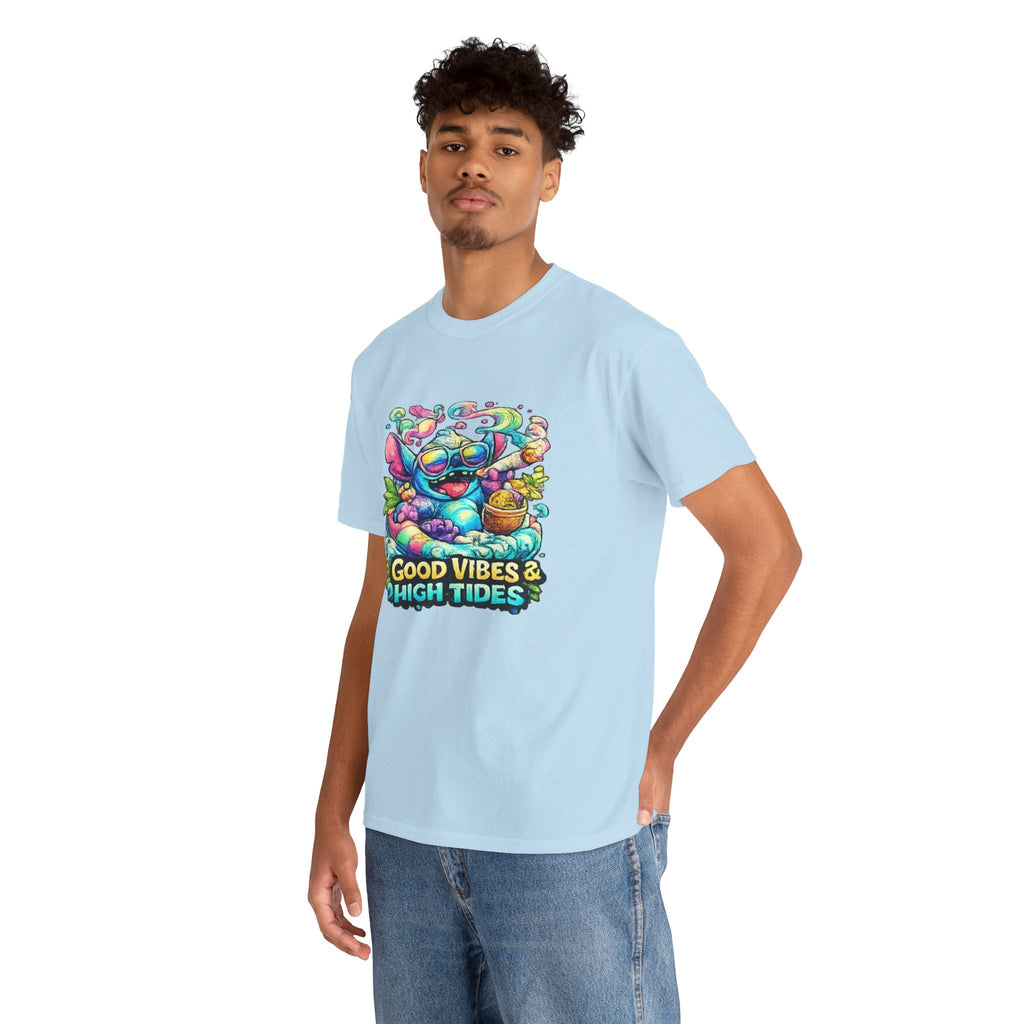 T-Shirt — "Good Vibes & High Tides" Colorful Surf Shark Graphic Tee