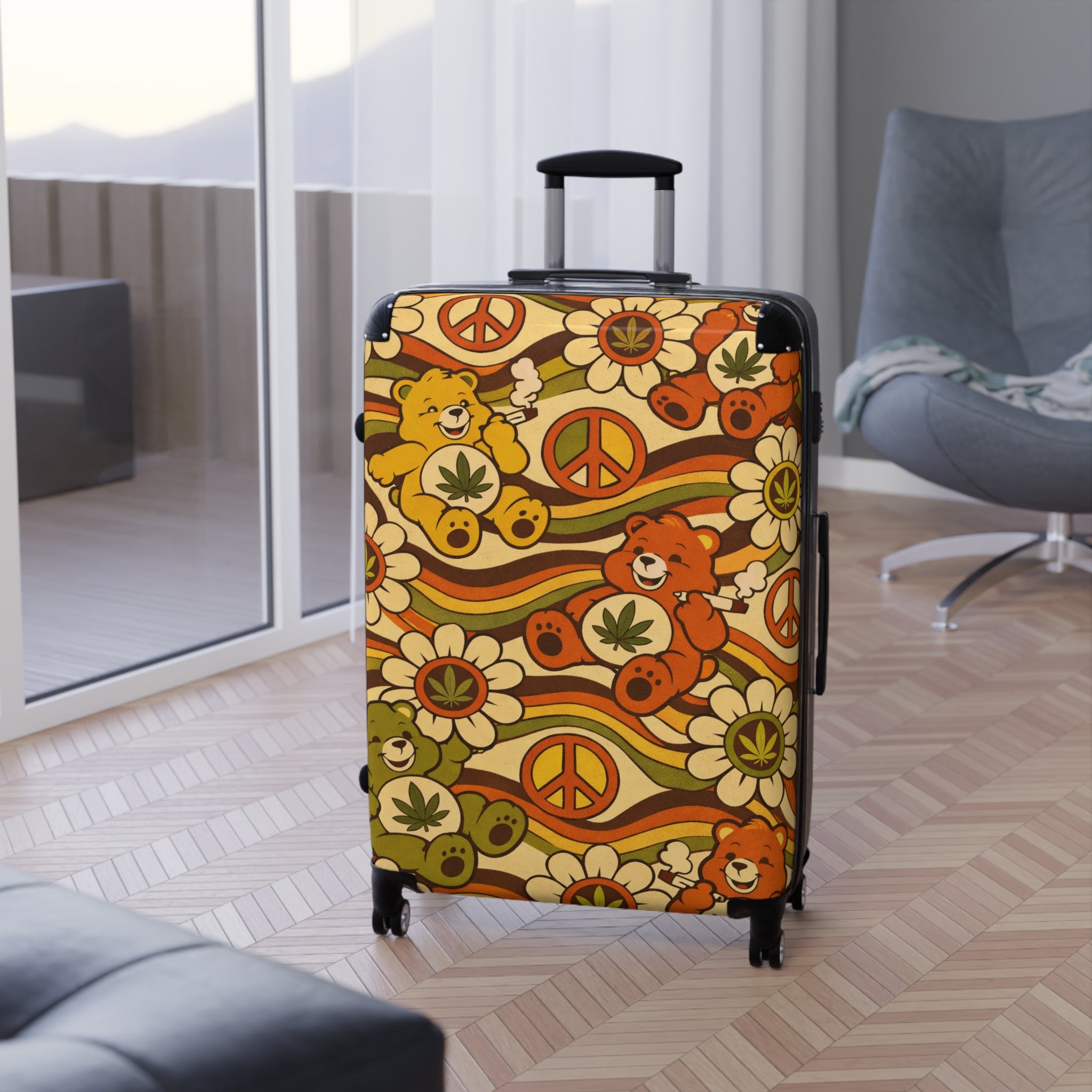 Retro Peace Bear Suitcase – 70s Floral & Peace Sign Luggage