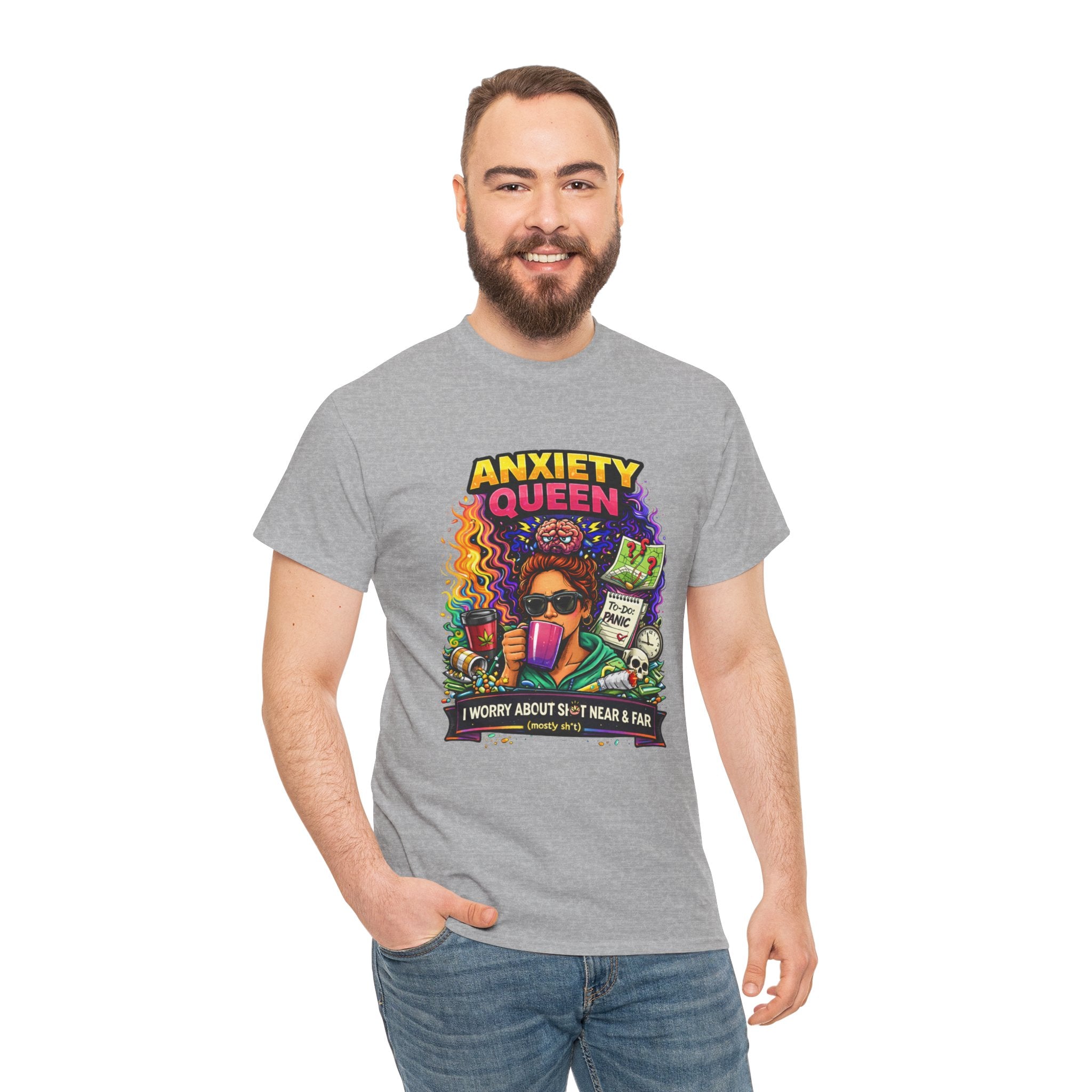 Anxiety Queen T-Shirt – Funny Mental Health Graphic Tee (“I Worry About Sh*t Near & Far”)
