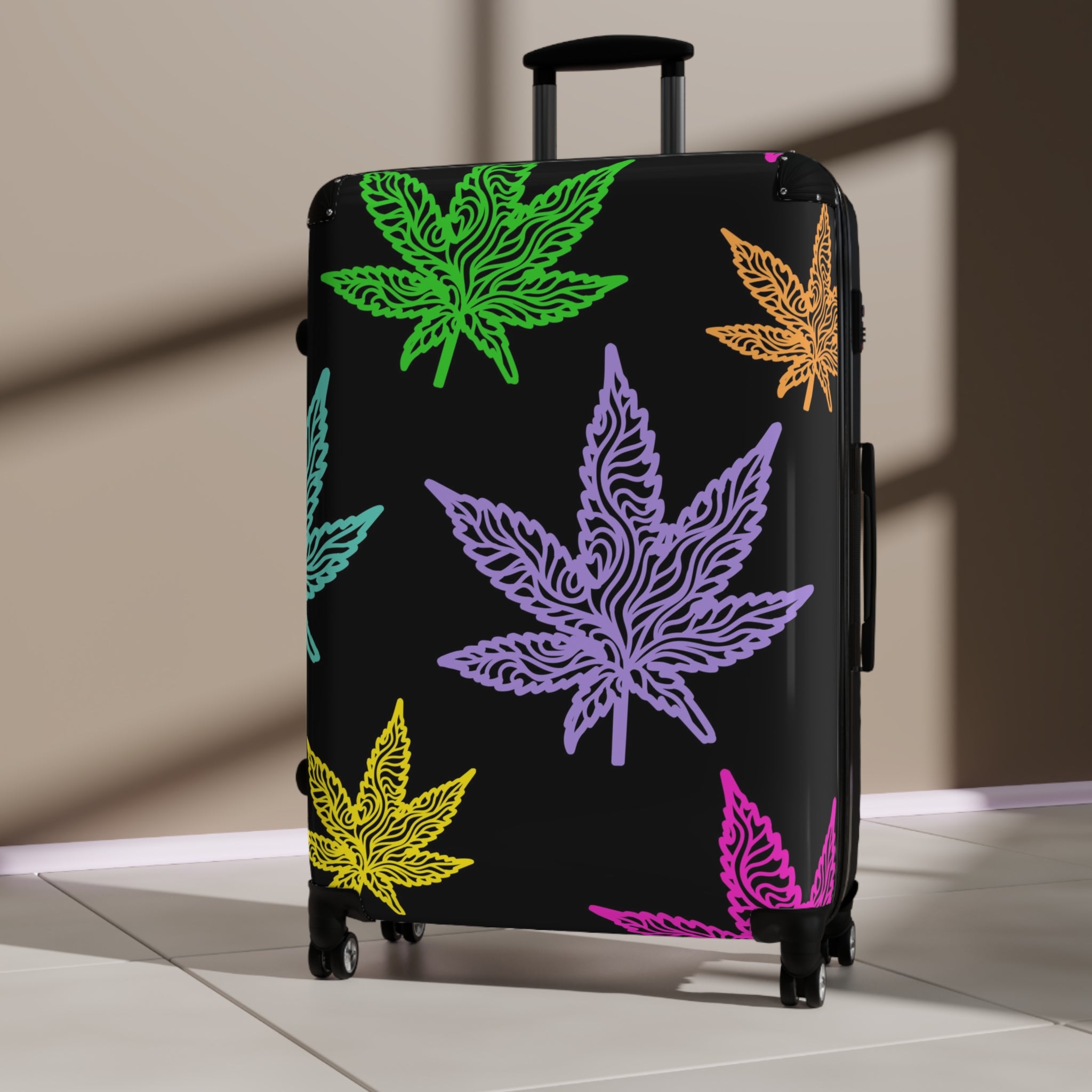 Carry-On Suitcase with Colorful Cannabis Leaf Print – Travel Luggage, Funky Marijuana Leaf Design