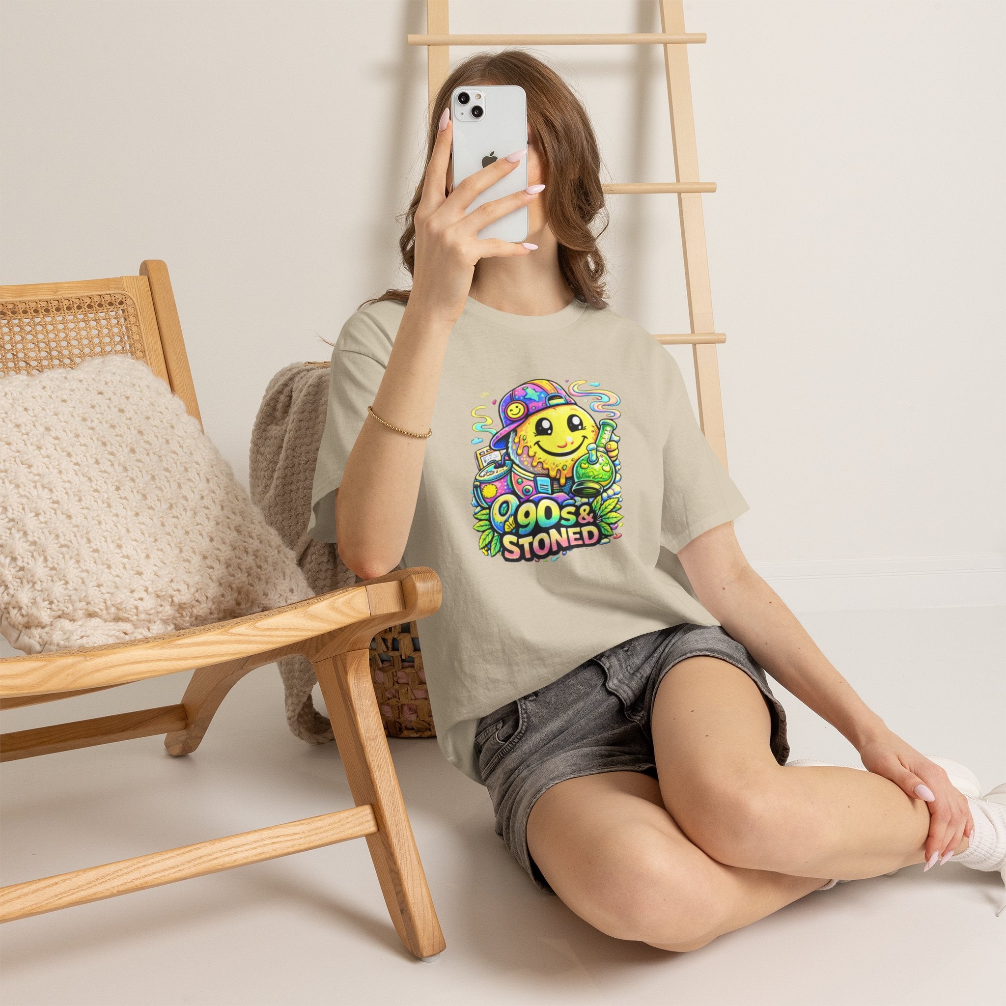 90s & Stoned Smiley Tee — Retro Vaporwave Cannabis Graphic T-Shirt