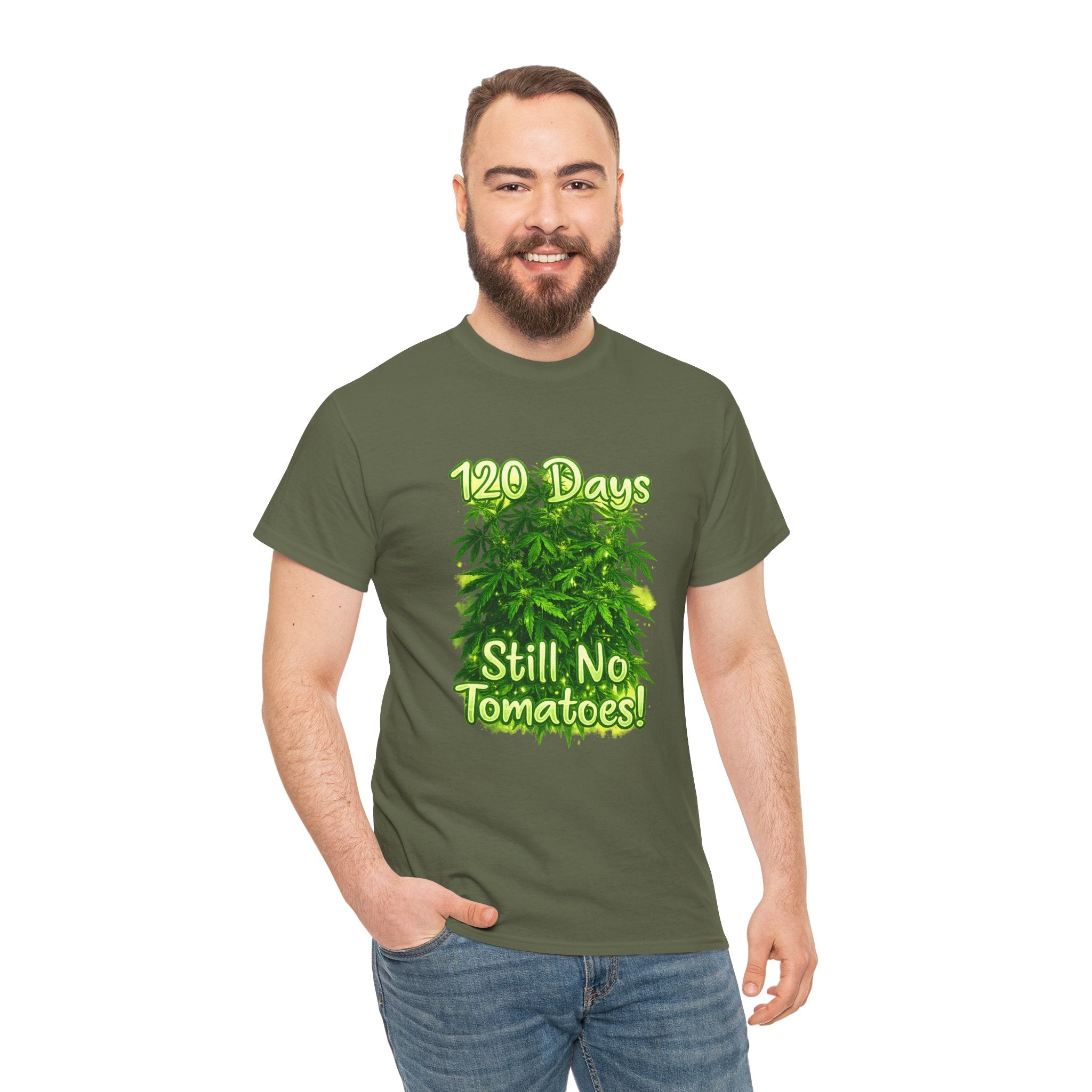 T-Shirt — "120 Days Still No Tomatoes" Garden Humor Tee