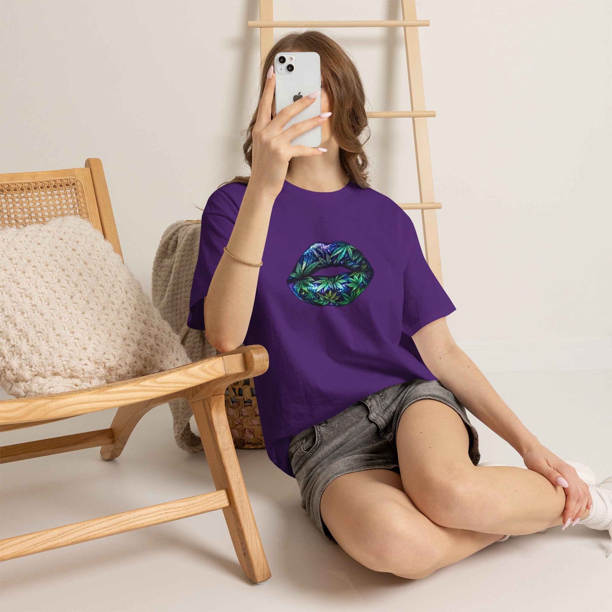 Lips Graphic Tee — Iridescent Botanical Leaf Kiss T-Shirt