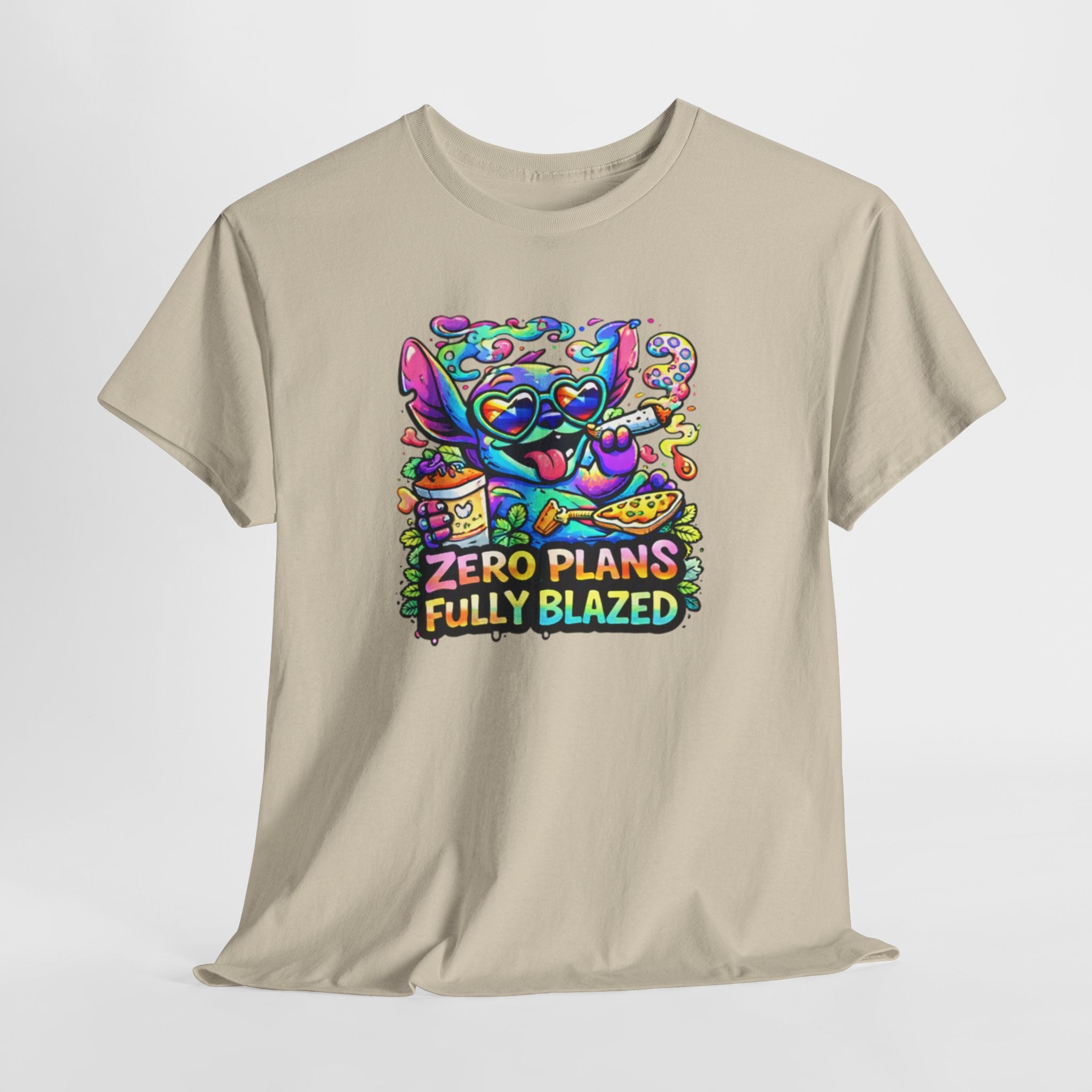 Zero Plans Fully Blazed Tee — Colorful Stoner Cat Graphic T-Shirt