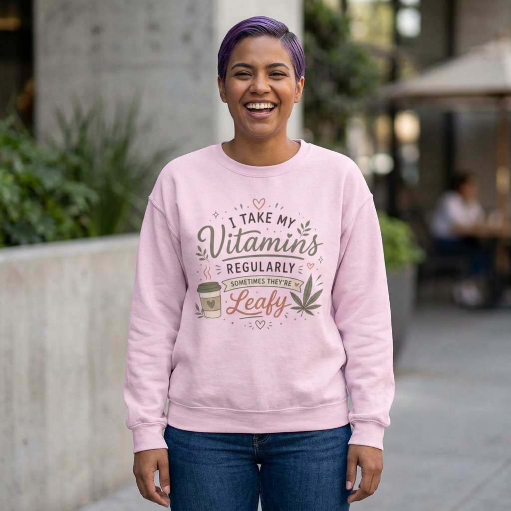 Sweatshirt — "I Take My Vitamins Regularly... Sometimes They're Leafy" Cozy Cannabis Graphic