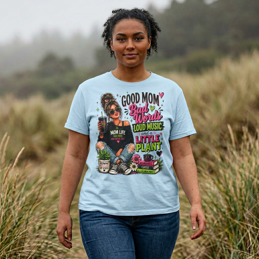 T-Shirt — “Good Mom, Bad Words, Loud Music & A Little Plant” Graphic Tee