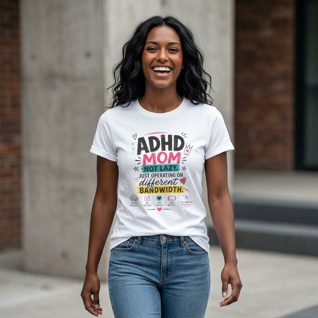 ADHD Mom T-Shirt – “Not Lazy, Just Operating on Different Bandwidth” Support Tee