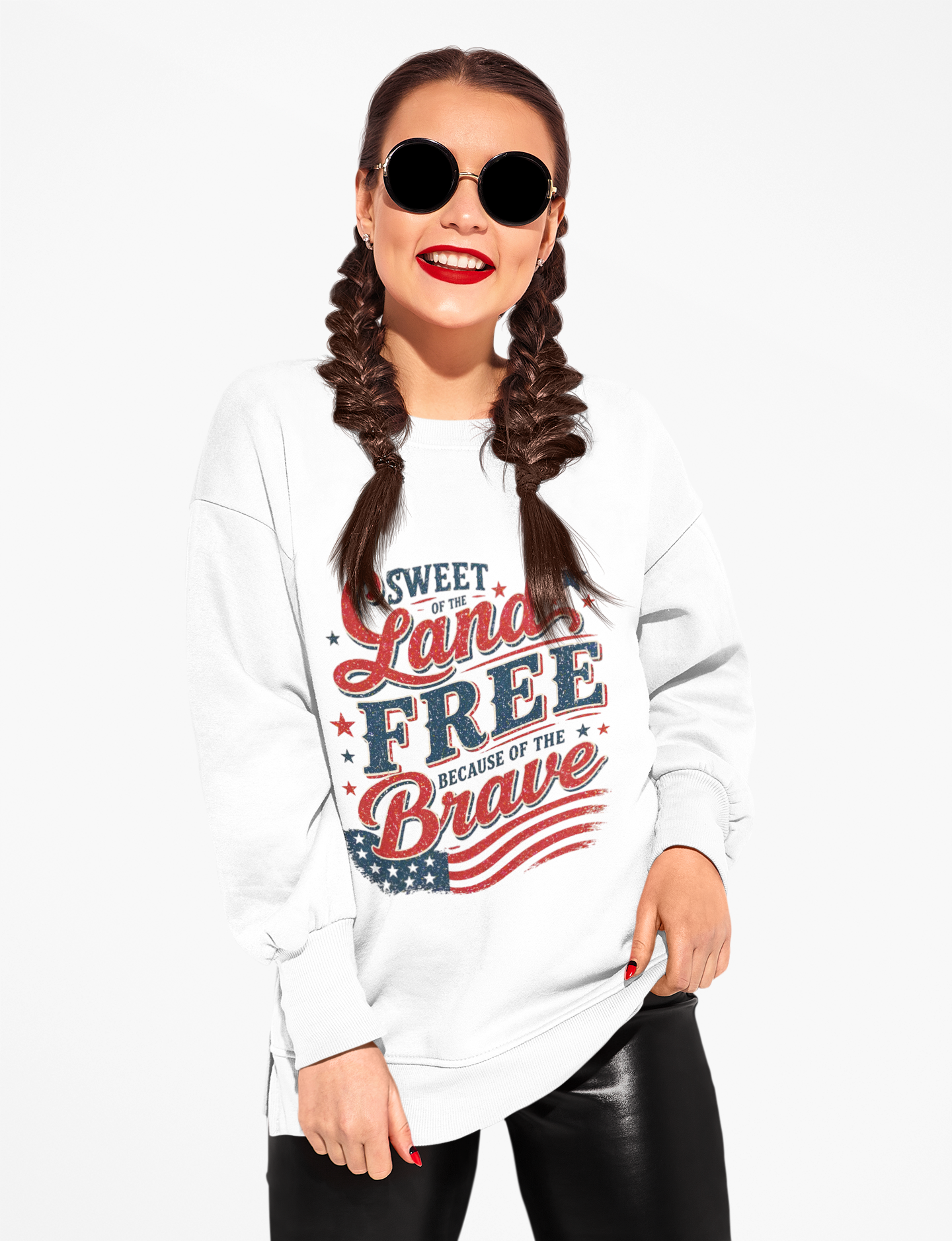 Crewneck Sweatshirt — "Sweet Land Free Because of the Brave" Patriotic Flag Design