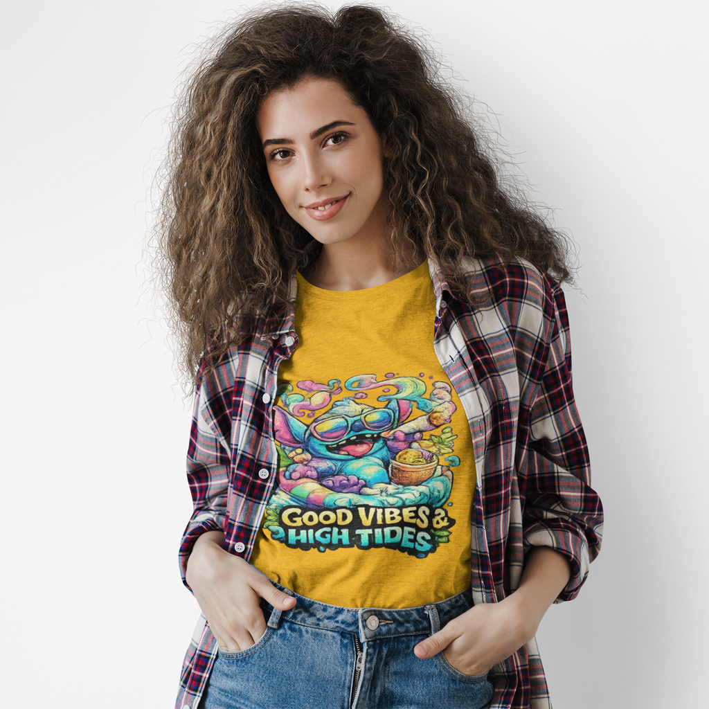 T-Shirt — "Good Vibes & High Tides" Colorful Surf Shark Graphic Tee