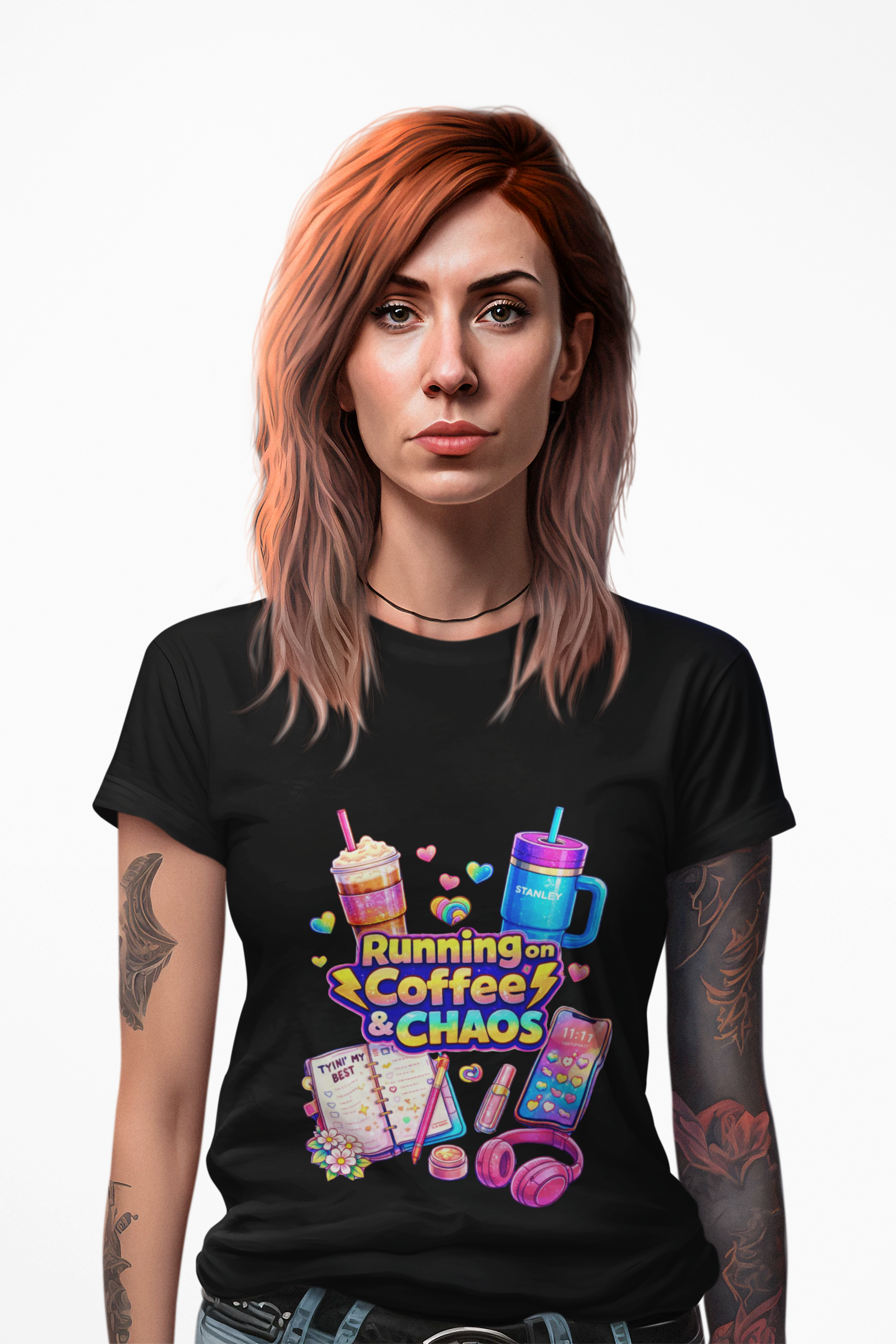 Graphic Tee — "Running on Coffee & Chaos" Colorful Planner Lover Shirt
