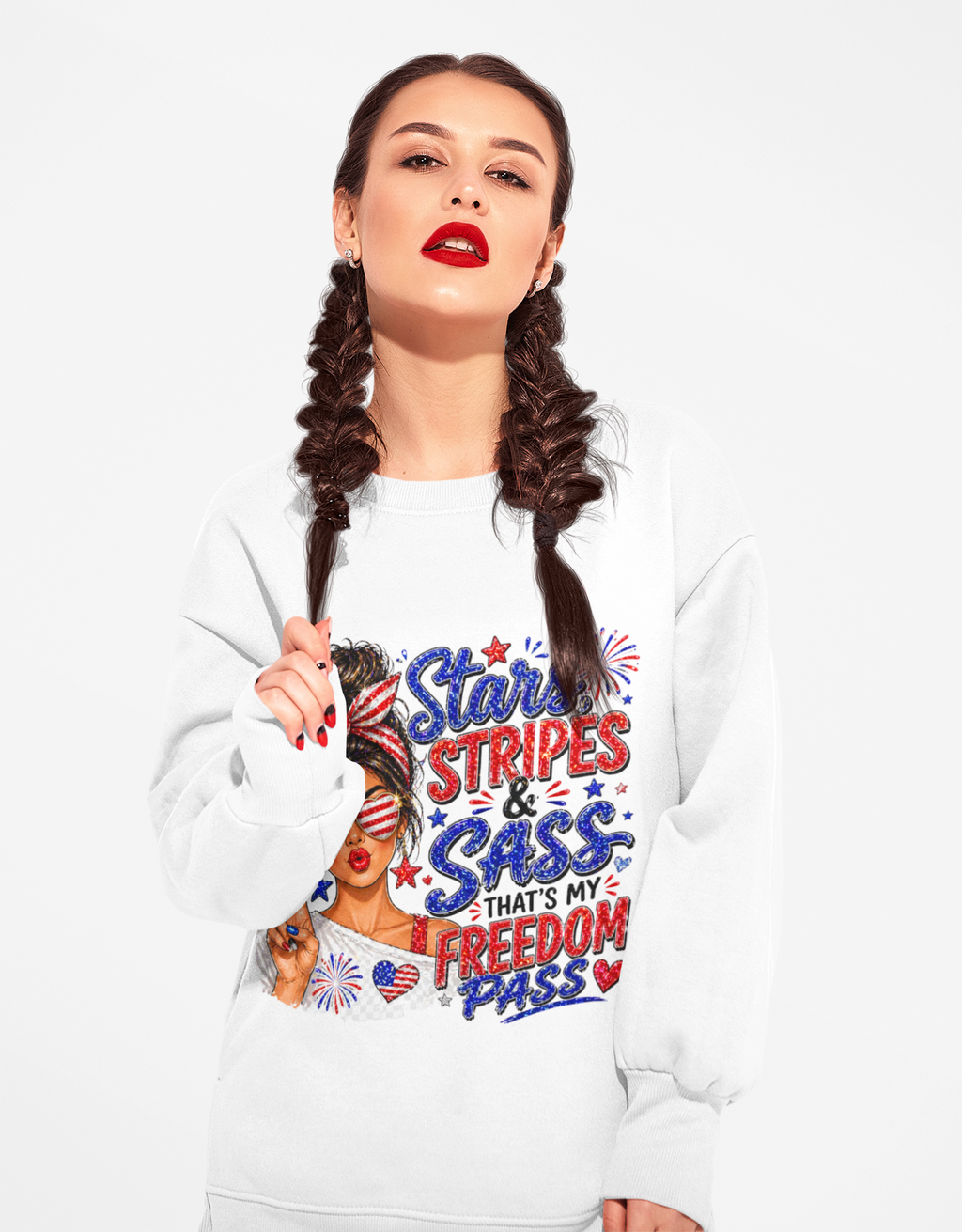 Patriotic 'Stars, Stripes & Sass' Crewneck Sweatshirt – 4th of July Freedom Pass Graphic
