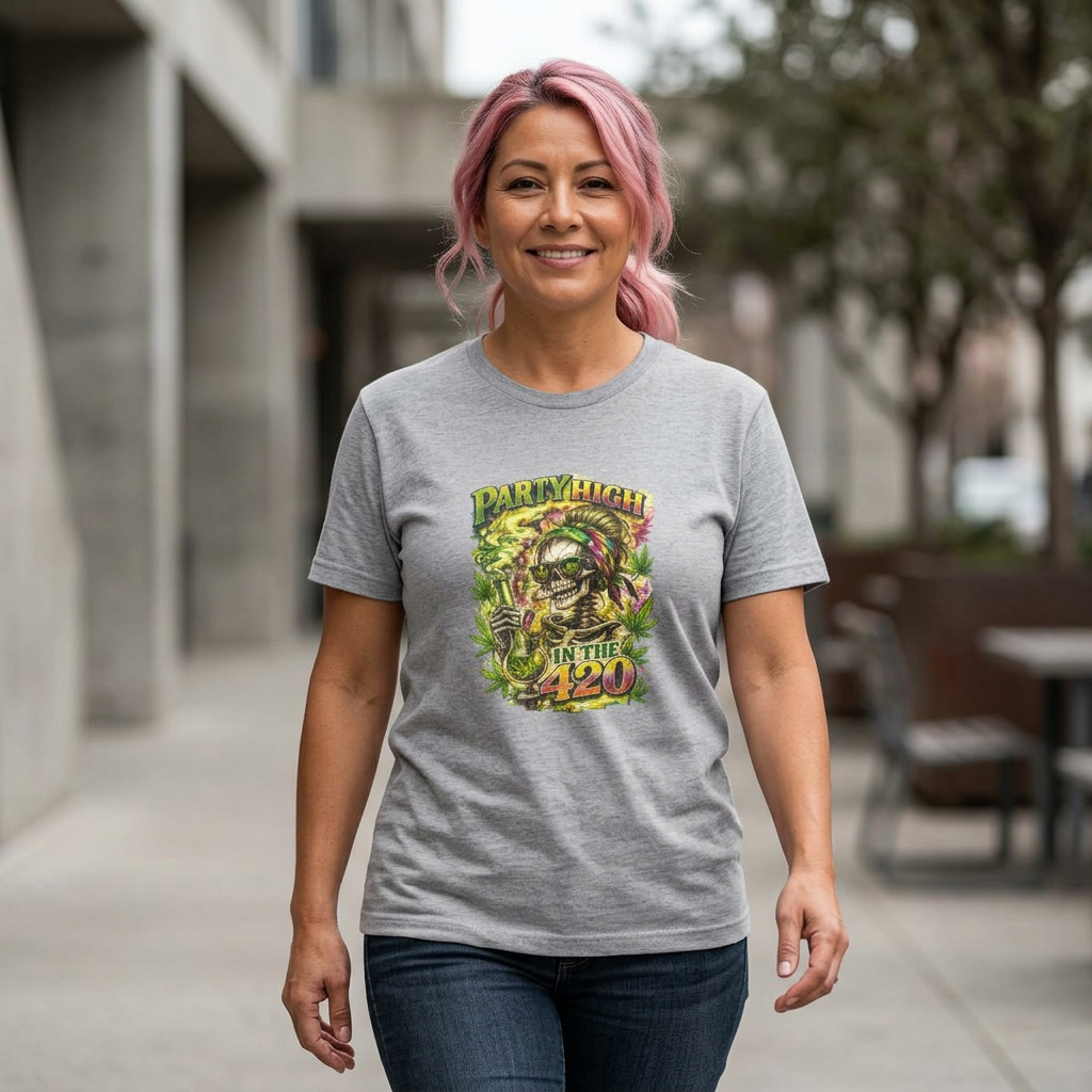 T-Shirt — 'Party High the 420' Cannabis Skull Graphic Tee