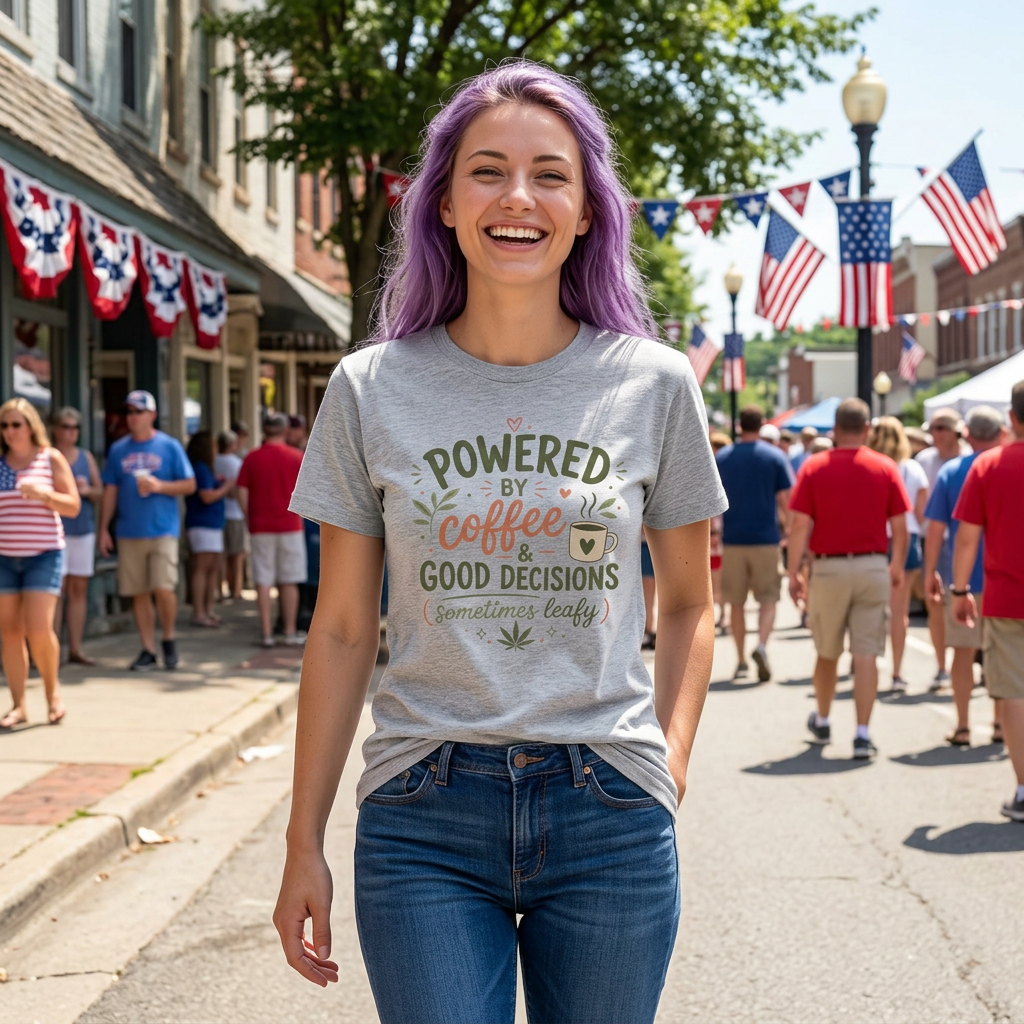 Coffee & Good Decisions T-Shirt — "Powered by Coffee & Good Decisions (Sometimes Leafy)"