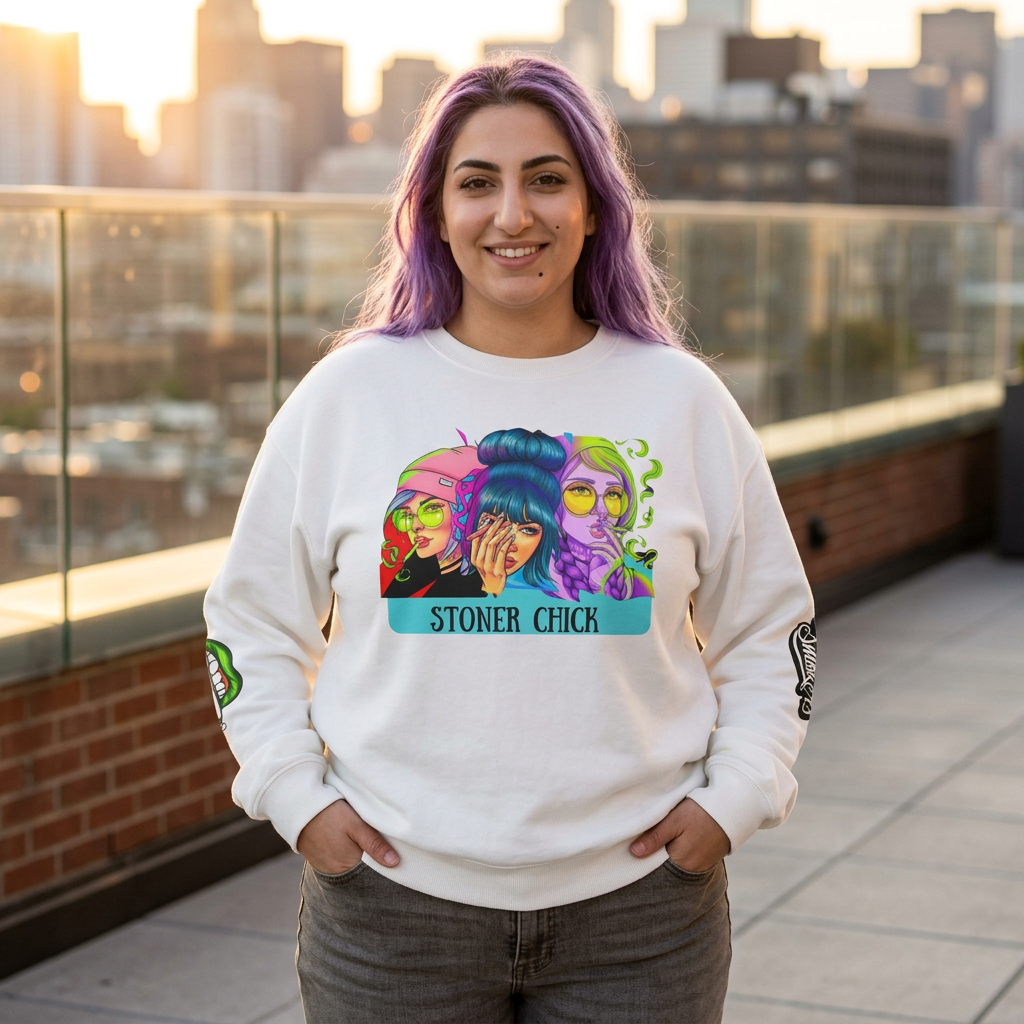 Stoner Chicks Crewneck Sweatshirt — Retro Cannabis Graphic