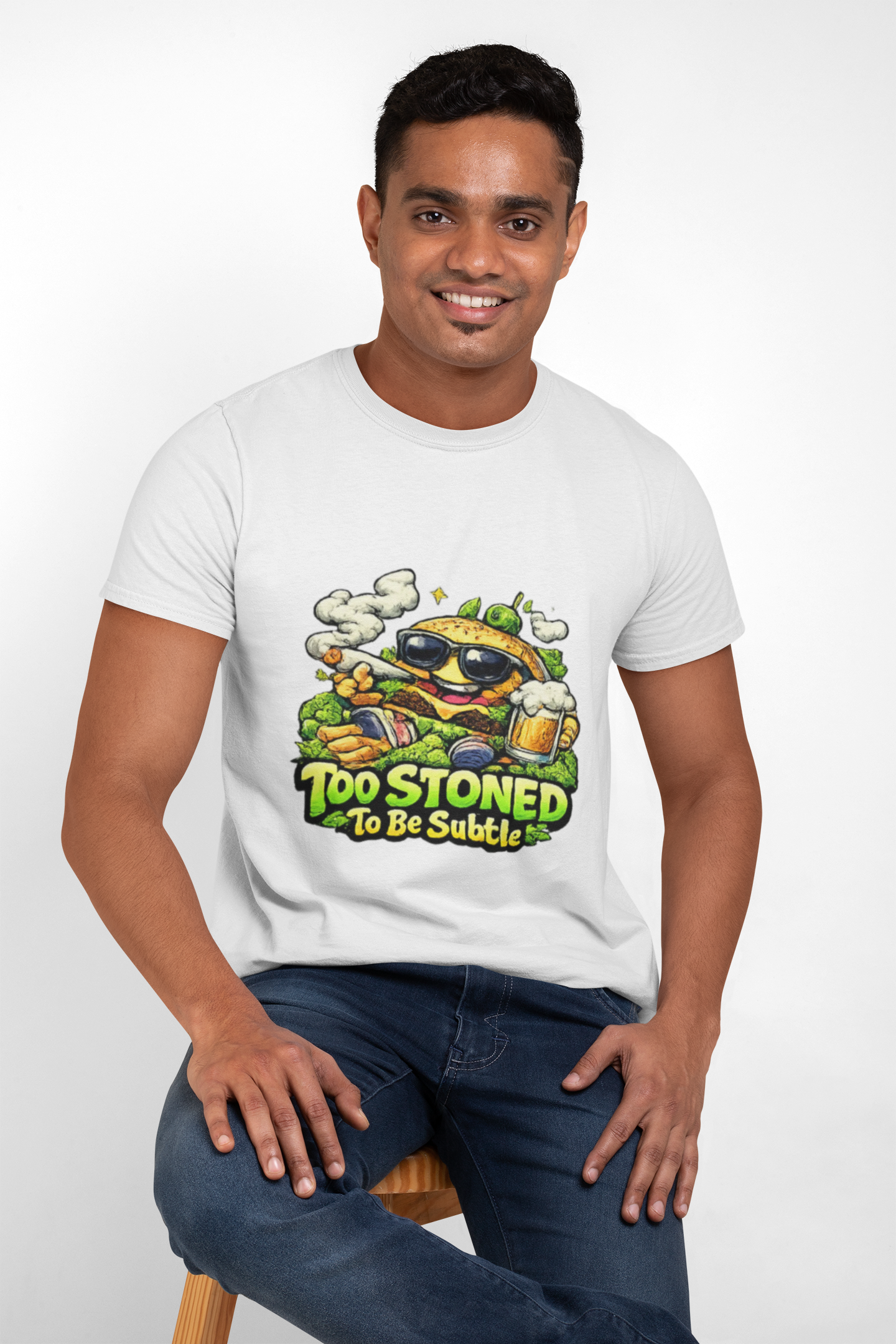 Too Stoned To Be Subtle Tee - Funny Retro Cartoon Burger Cannabis T-Shirt