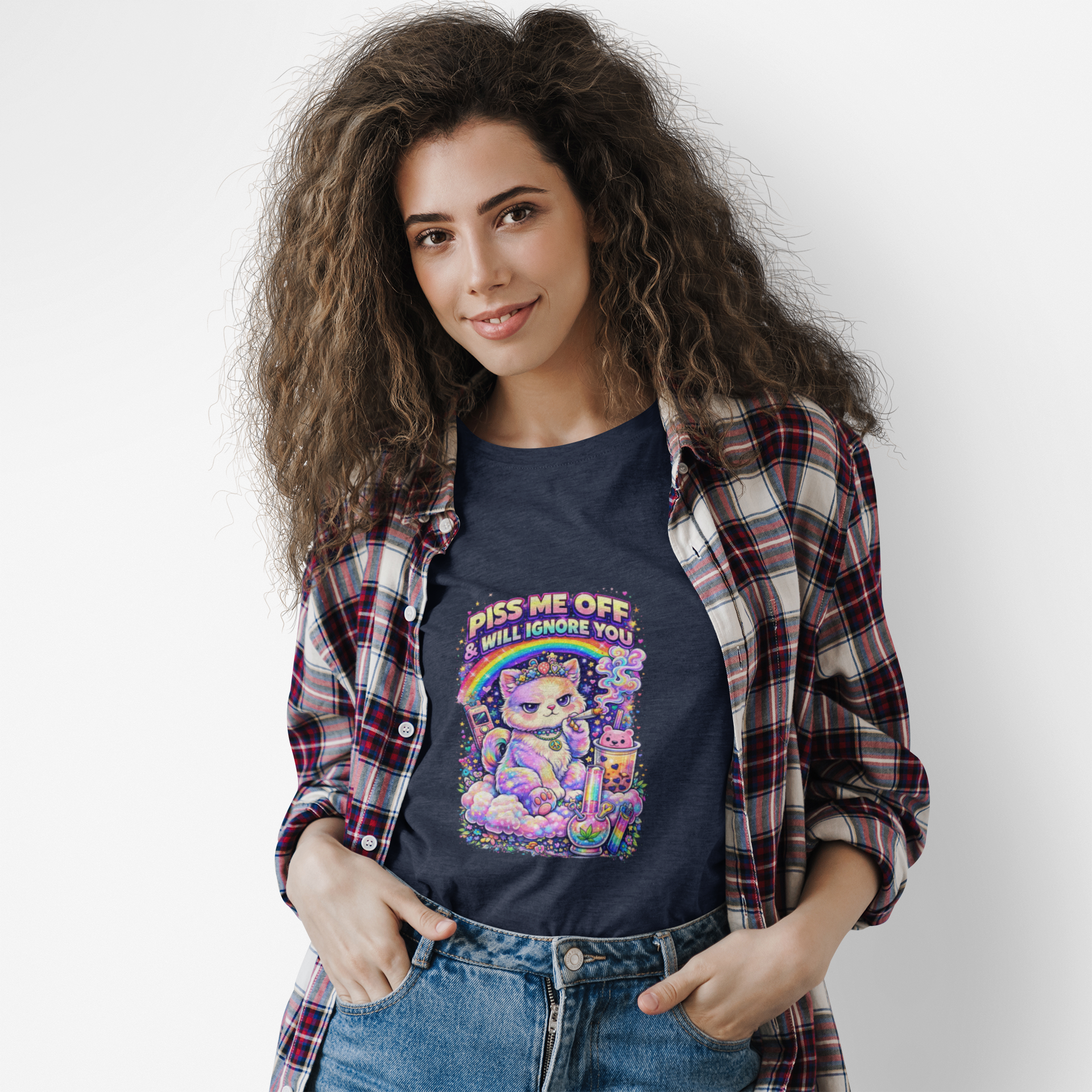 Graphic T-Shirt — "Piss Me Off & I Will Ignore You" Cute Grumpy Cat Rainbow Design