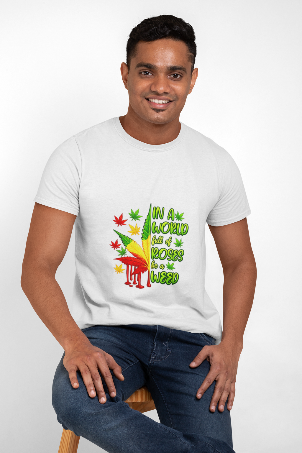 T-Shirt — "In A World Where Mosses Rule" Colorful Mushroom & Leaf Graphic
