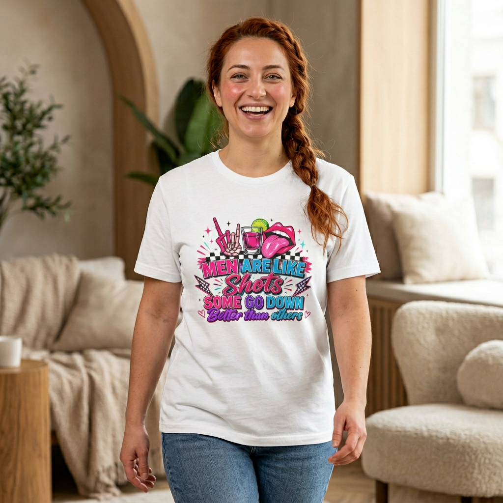 Graphic Tee — "Men Are Like Shots: Some Go Down Sweet, Some Burn"