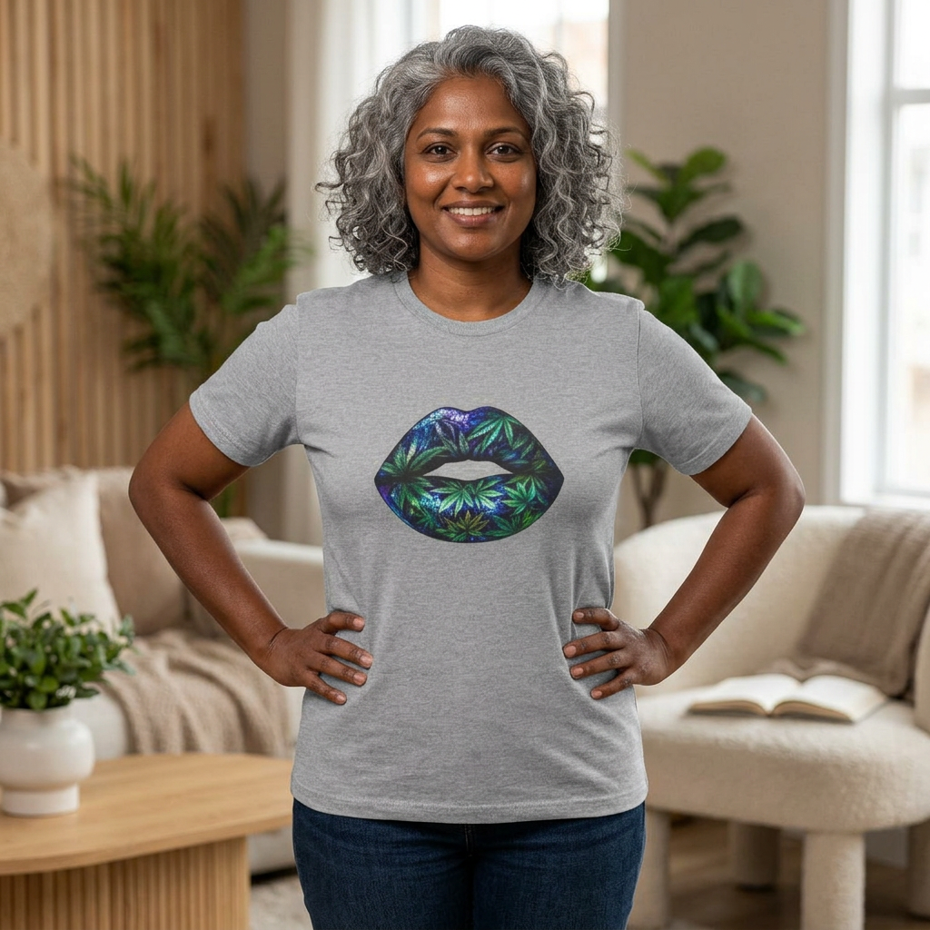 Lips Graphic Tee — Iridescent Botanical Leaf Kiss T-Shirt