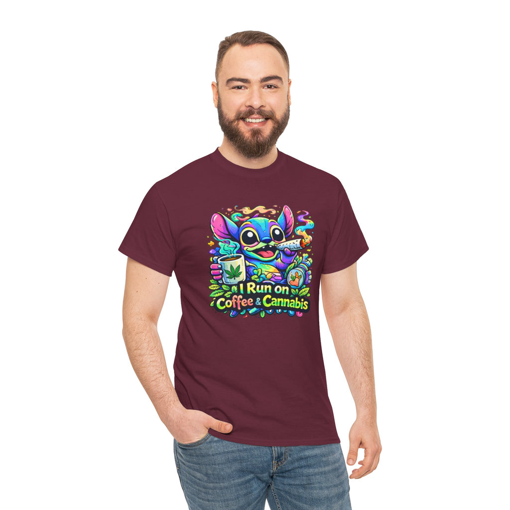 Coffee & Cannabis Tee — 'I Run on Coffee & Cannabis' Cute Stitch Graphic T-Shirt