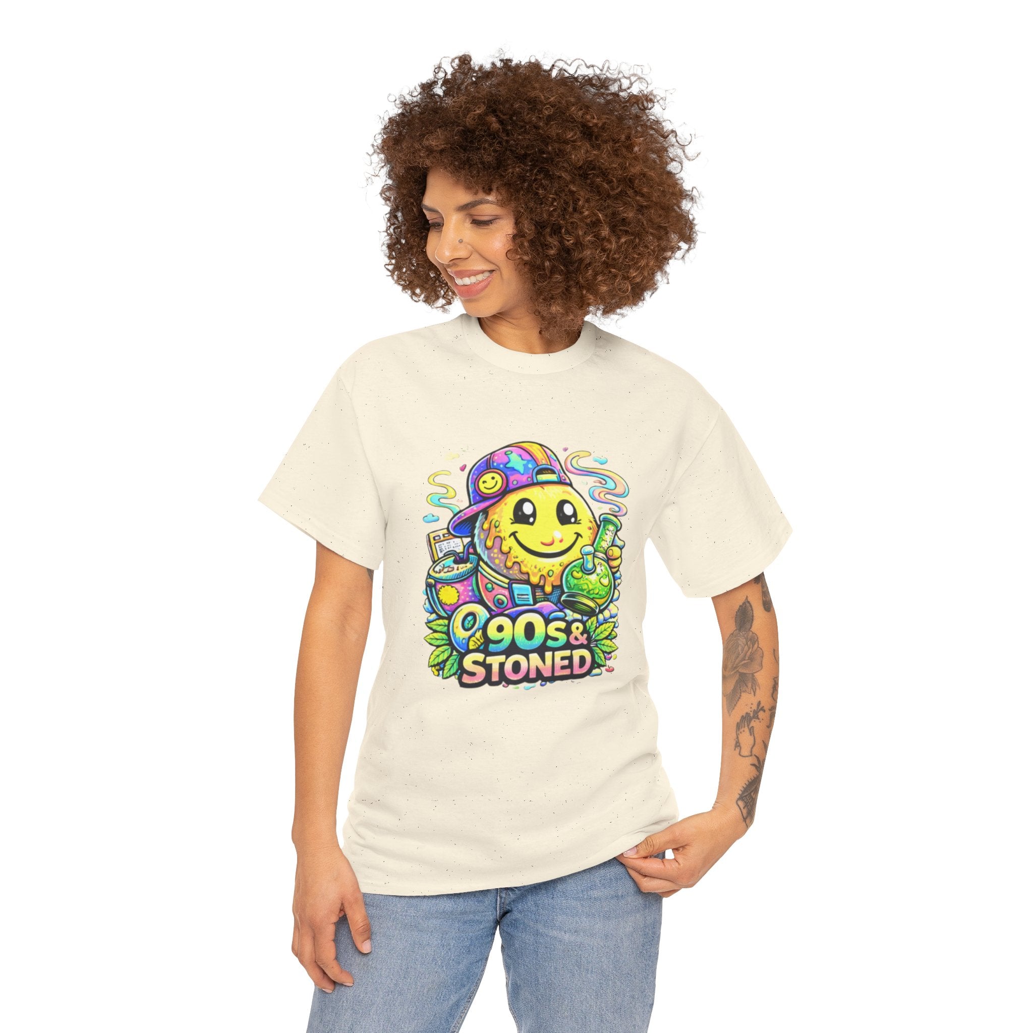 90s & Stoned Smiley Tee — Retro Vaporwave Cannabis Graphic T-Shirt