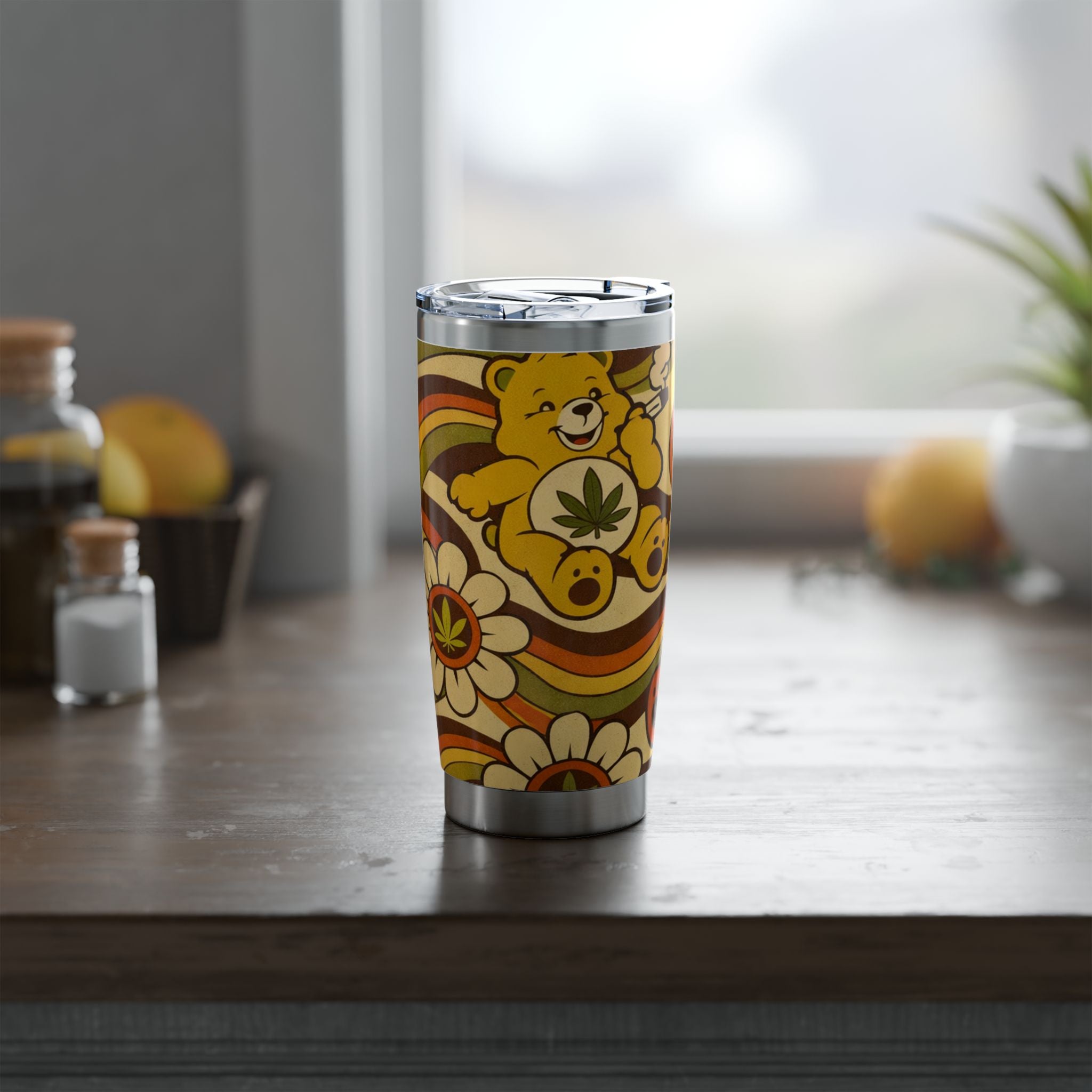 Retro Hippie Tumbler — 20oz Peace, Flower & Bear Travel Cup