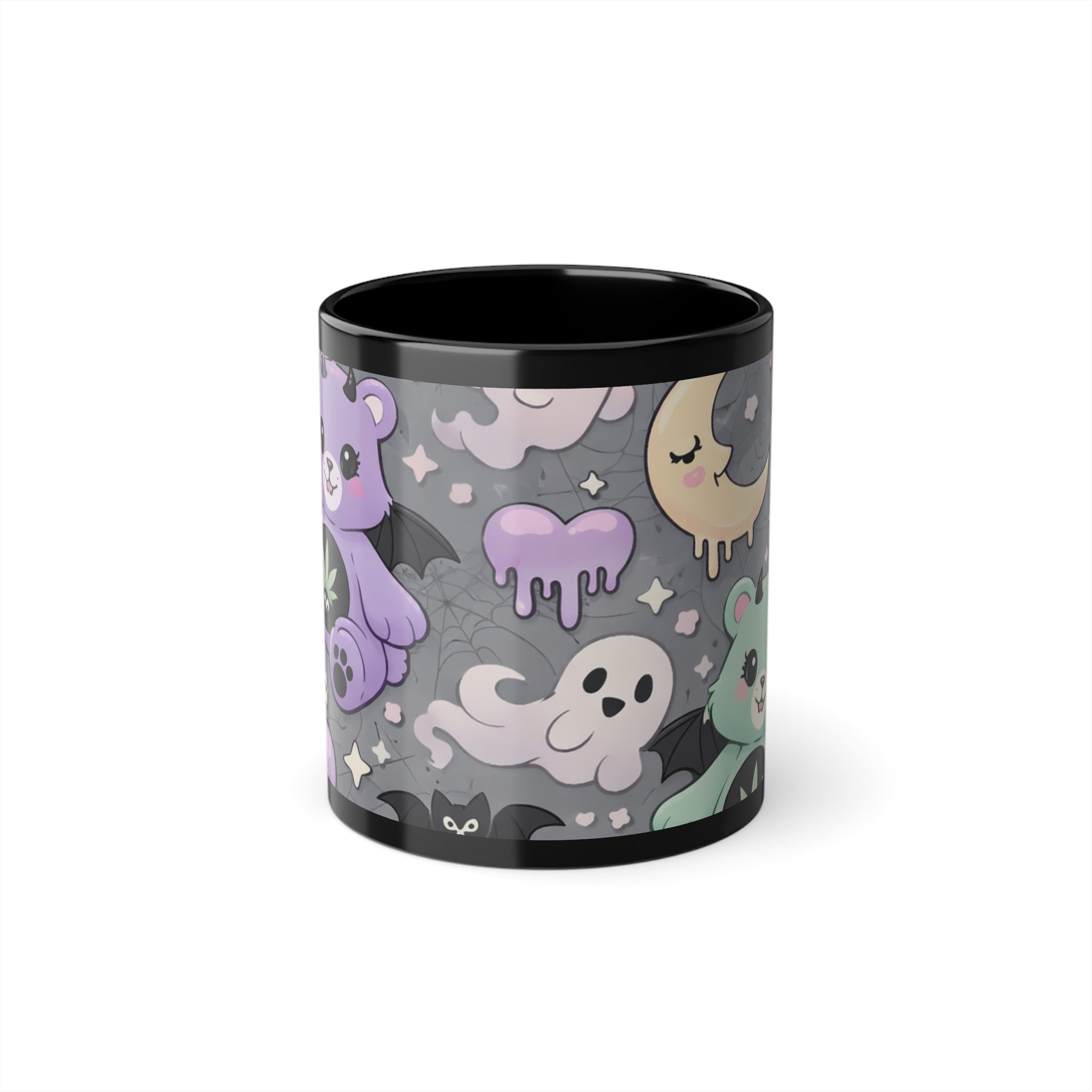 Ghostly Kawaii Pattern Coffee Mug — Cute Pastel Halloween 11oz Black Cup