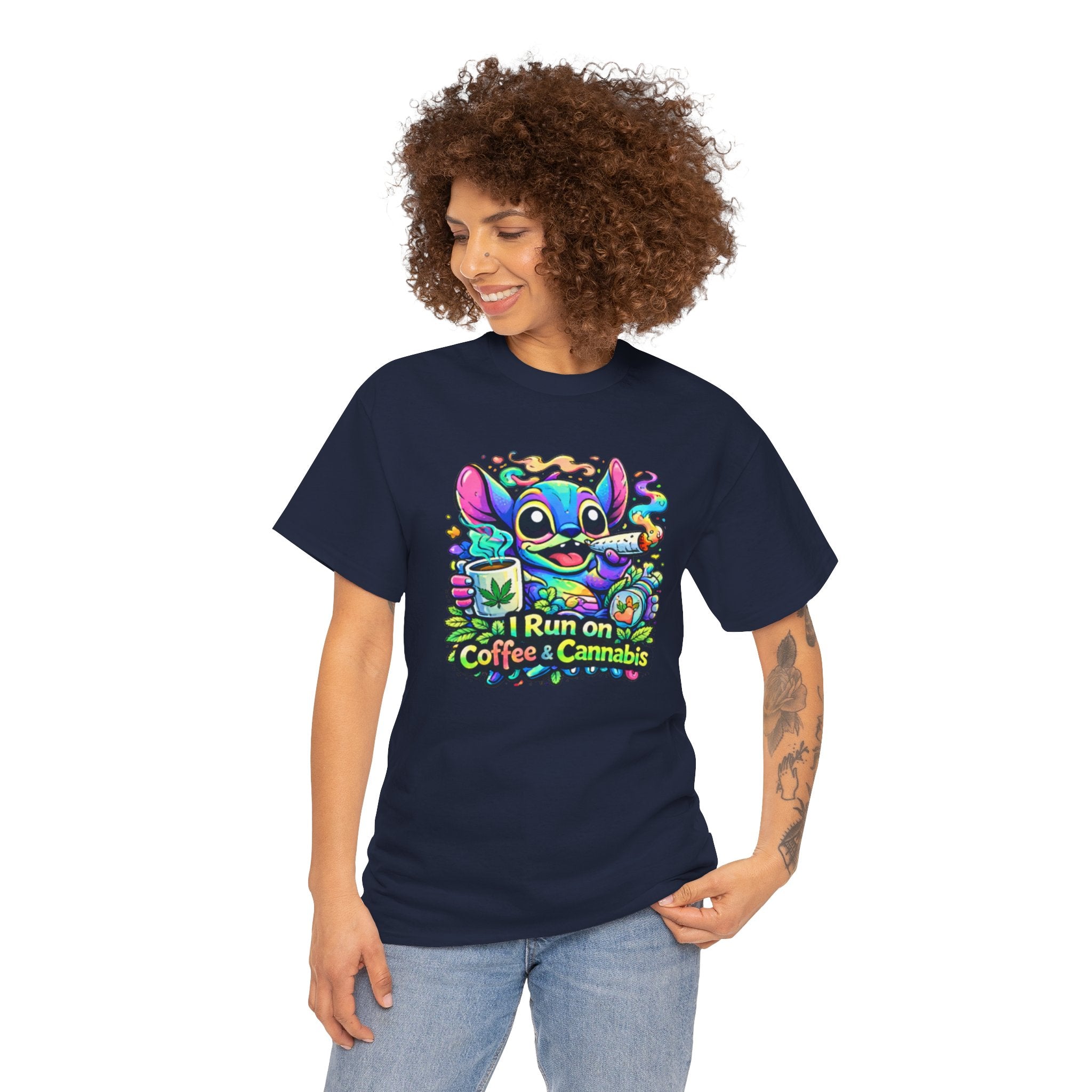 Coffee & Cannabis Tee — 'I Run on Coffee & Cannabis' Cute Stitch Graphic T-Shirt